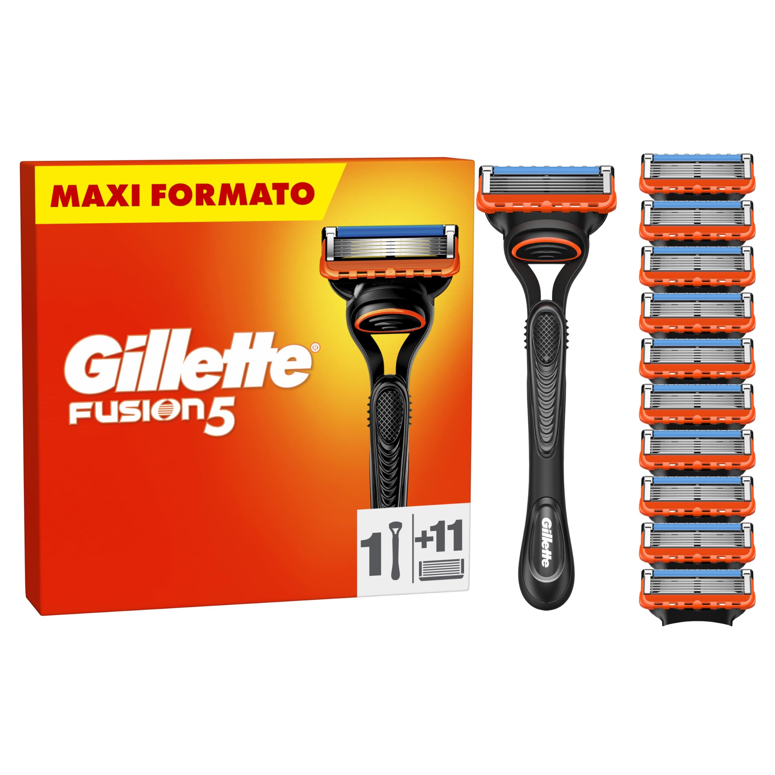 Gillette Fusion 5 RASOIO UOMO, 1 Rasoio a Mano Libera, 11 LAMETTE DA BARBA da 5 Lame, Rasatura Confortevole, Manico Ergonomico con Rifinitore di PRECISIONE, Fino a 1 MESE DI RASATURA con 1 Lametta