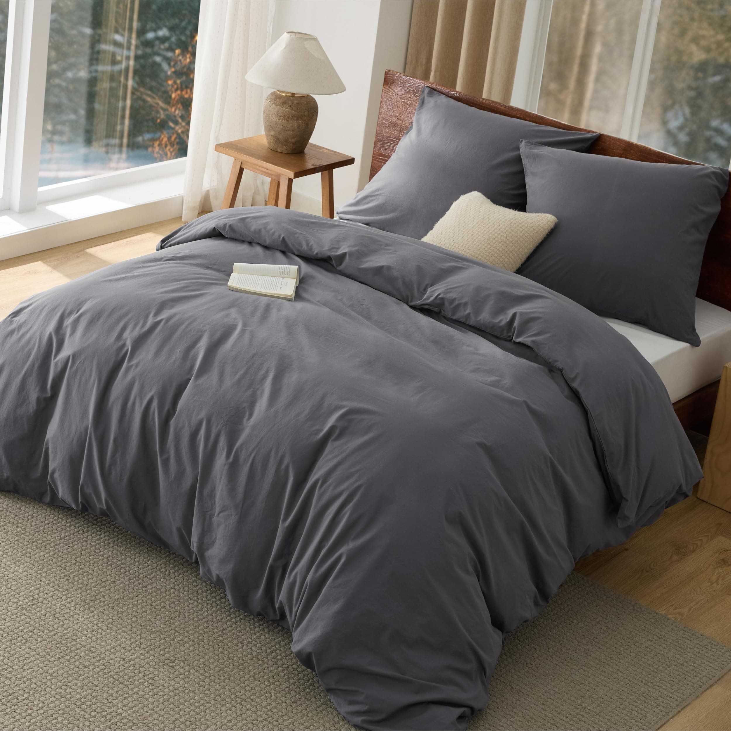 BEDSURE Bettwäsche 220x240 Baumwolle 3teilig - Bettwäsche-Sets Anthrazit Bettbezug mit 2 Kissenbezüge 80x80 cm, Ähnliche Textur wie Washed Leinen, Oeko-TEX Bedding Grau mit Reißverschluss