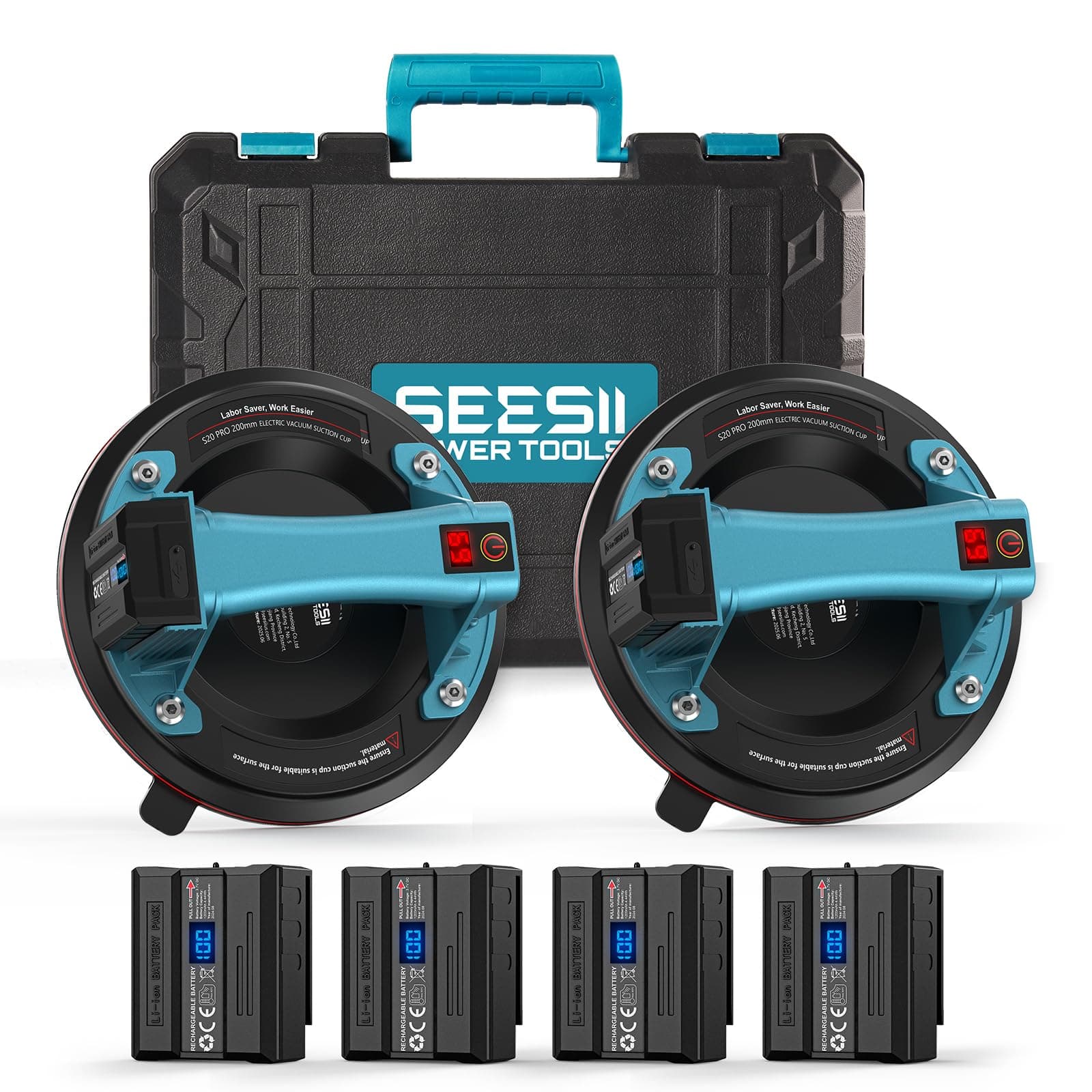 Seesii Ventosas Eléctricas para Cristal, 2 Piezas 200mm Ventosas de Vacío con 4x Baterías 2400mAh, Pantalla LCD, Carga Máx. 270 kg – Professional Ventosa para Azulejos, Madera, Pisos y Cargas Pesadas