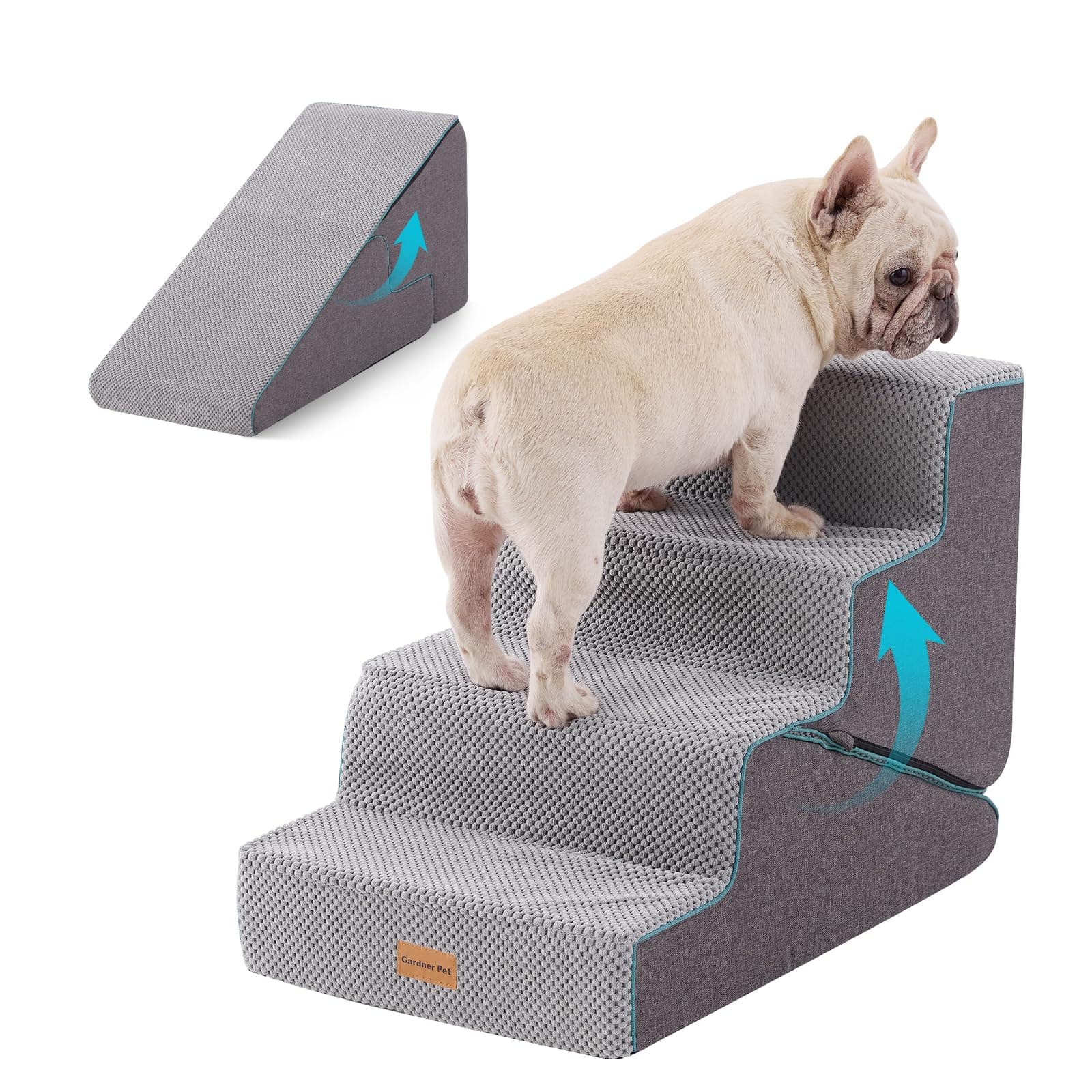 Gardner Pet Escalera para Perros 2 en 1, 4 Peldaños de Espuma de Alta Densidad con Diseño Ancho Antideslizante para Facilitar el Acceso a Sofás y Camas - Gris-L