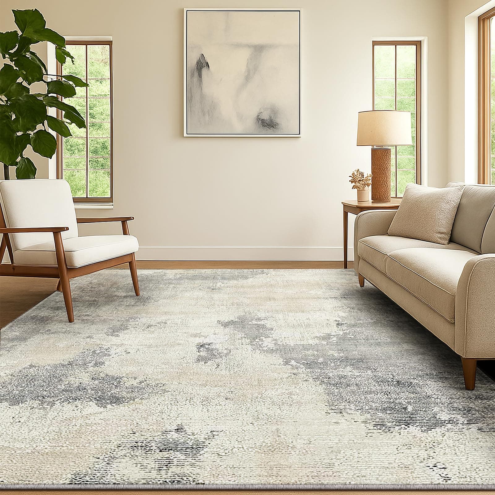 SOANNY Tapis Salon Chambre Lavable Antidérapant, Beige-Gris, 120x170 cm | Abstrait, Super doux, Poils ras, Lavable en machine, Pour salon, chambre, salle à manger, chambre d’enfant, bureau