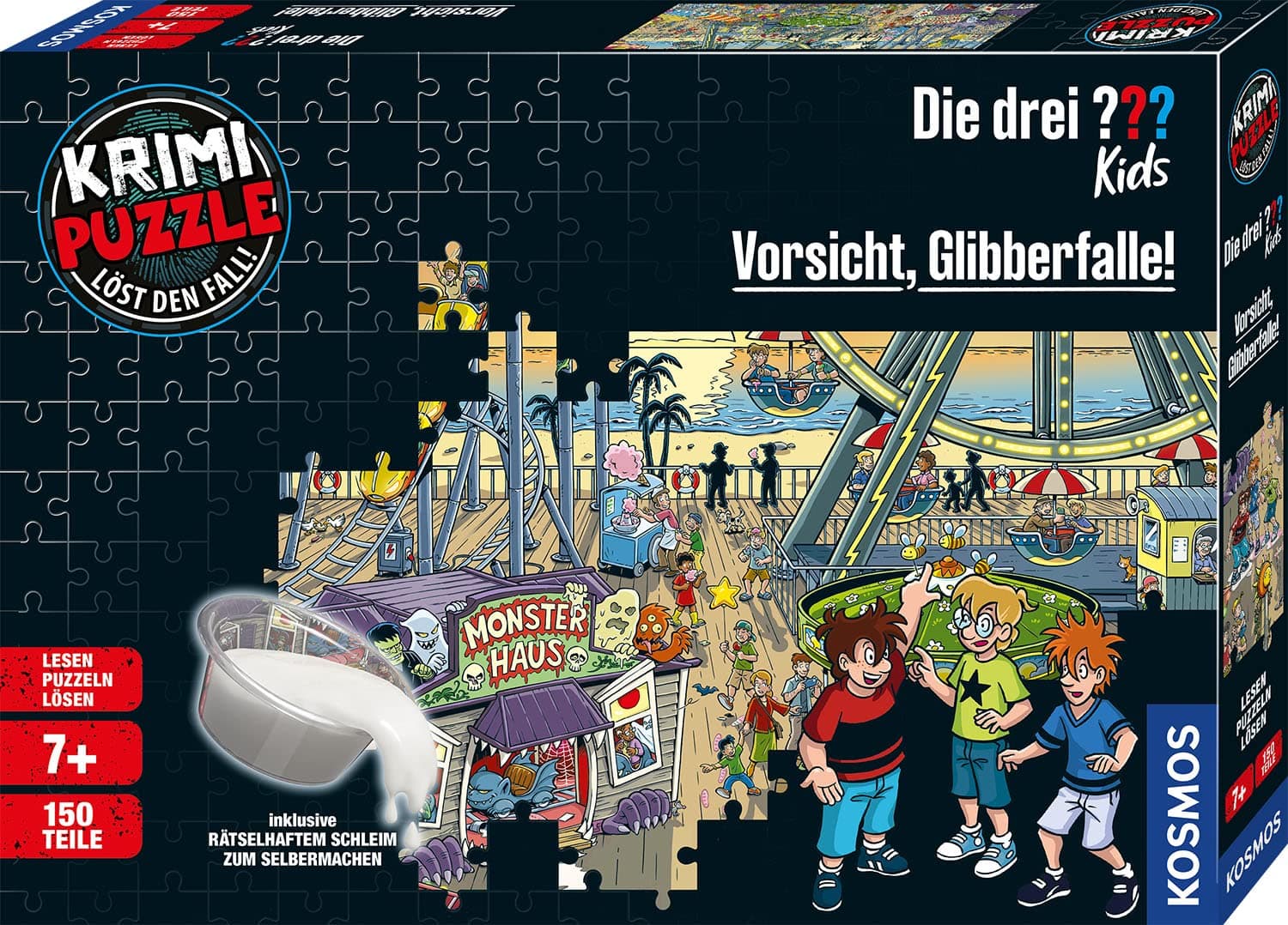 KOSMOS 683474 Krimi Puzzle Die drei ??? Kids Vorsicht Glibberfalle, 150 Teile, Schleim selbermachen, Lesen, Puzzeln, Rätsel lösen, für Kinder ab 7 Jahre, Detektiv Puzzle mit Die drei Fragezeichen Kids