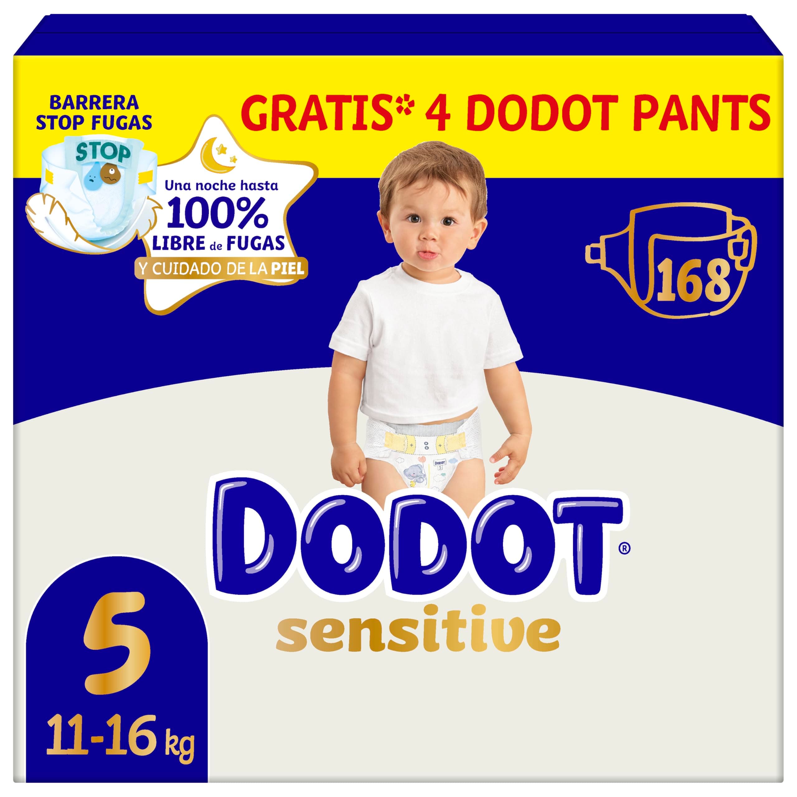 Dodot Pañales Bebé Sensitive, Talla 5 (11-16 kg), 168 Pañales + 4 Pants de Regalo, Hasta 12 h De Protección Antifugas y Cuidado de la Piel, Pack Mensual