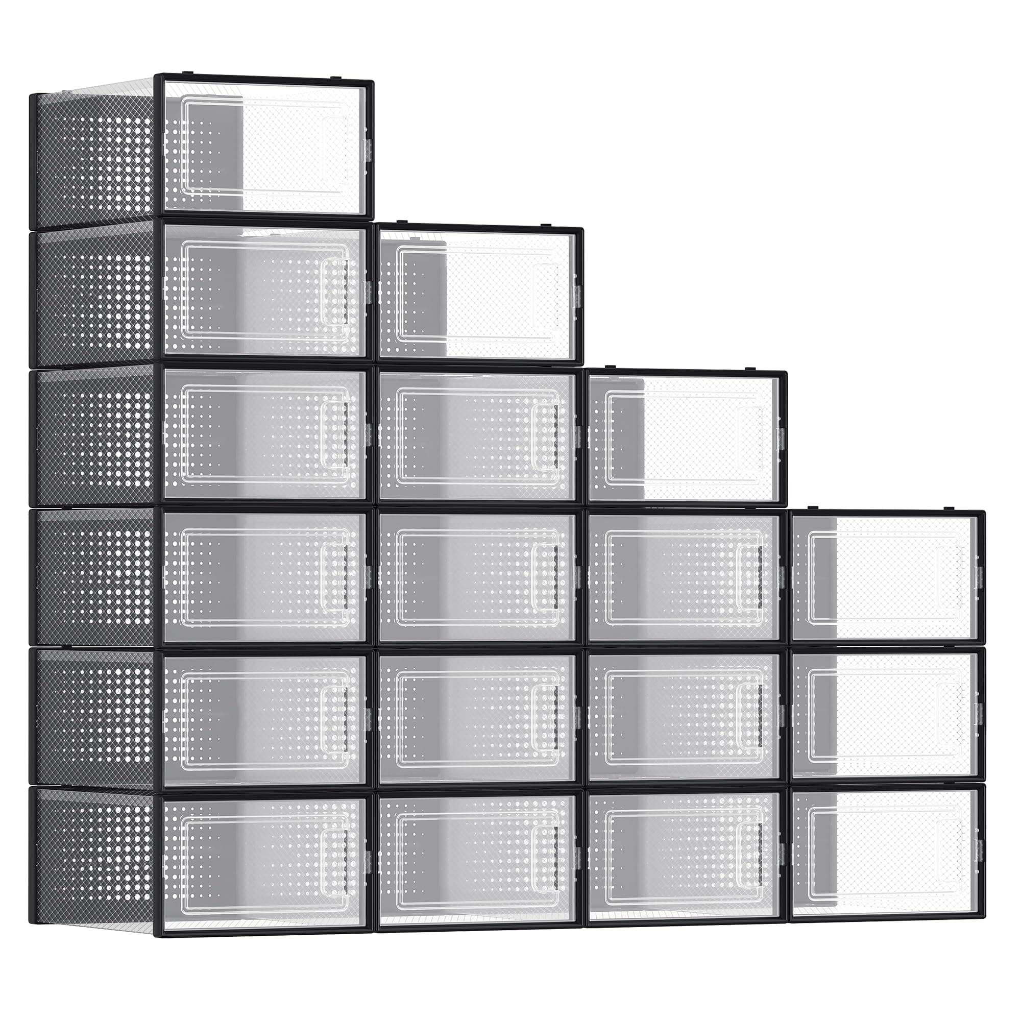 SONGMICS Schuhboxen, 18er Set, Schuh-Organizer aus Kunststoff, faltbar und stapelbar, für Schuhe bis Größe 44, transparent-schwarz LSP18SBKV1