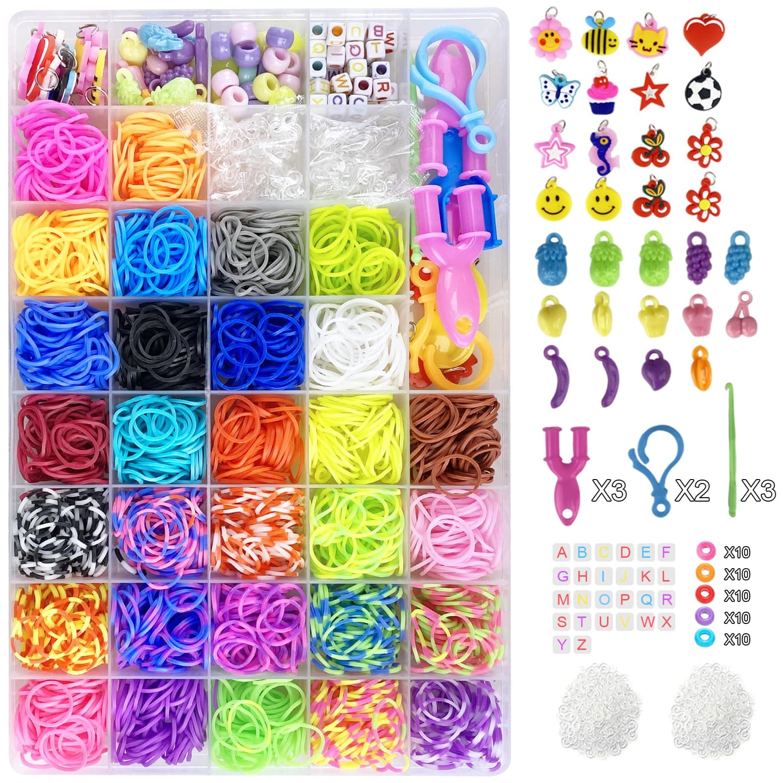 Jsdoin Kit di 2700+ fasce per telaio, 30 colori, elastici in gomma con clip, ciondoli e altri accessori per braccialetti dell'amicizia fai da te, kit artigianali, migliori regali di Halloween, Natale
