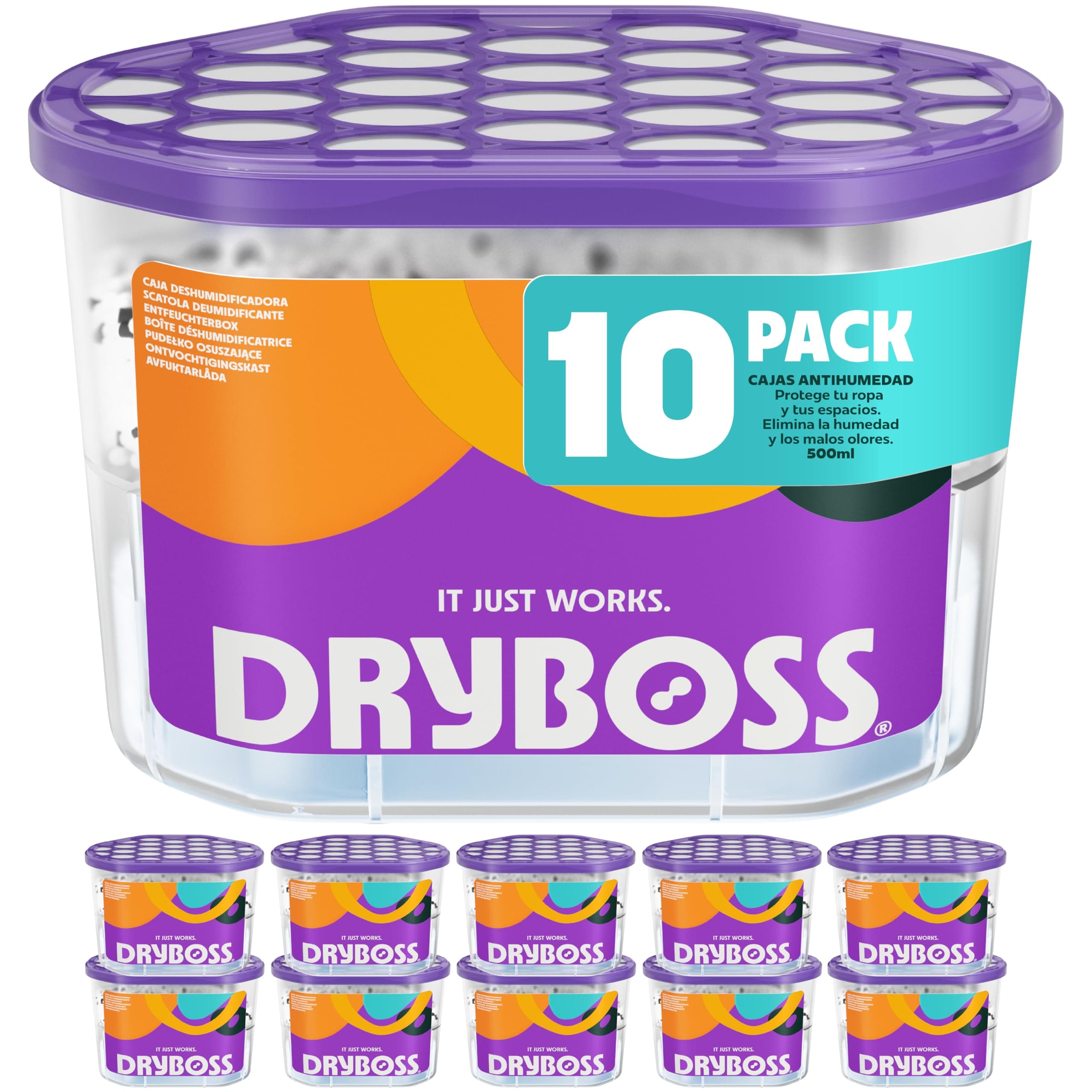 DRYBOSS Pack x 10 Deshumidificador Absorbente Anti Humedades de Armarios, Interior Casa, Cajones, Habitacion, Pared, Coche. Quita Olores y Absorbe Humedades. Previene Condensación. Antihumedad