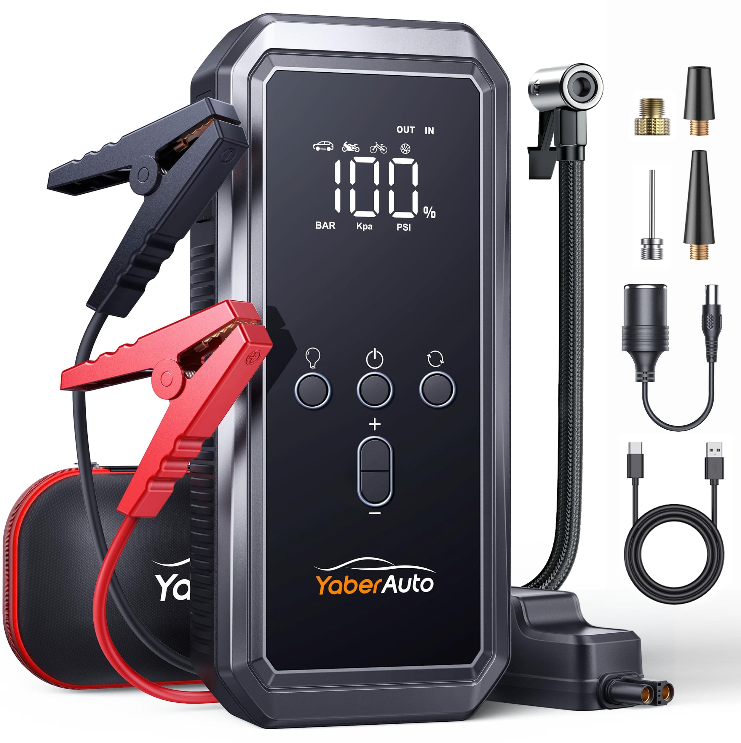 Avviatore Emergenza per Auto con Compressore 150PSI 8000A 21800mAh, YaberAuto Booster Avviamento Auto/Moto (Tutti Gas/10.0L Diesel), 12V Starter Batteria con Ricarica Rapida 18W,Uscita DC 160W,Torcia