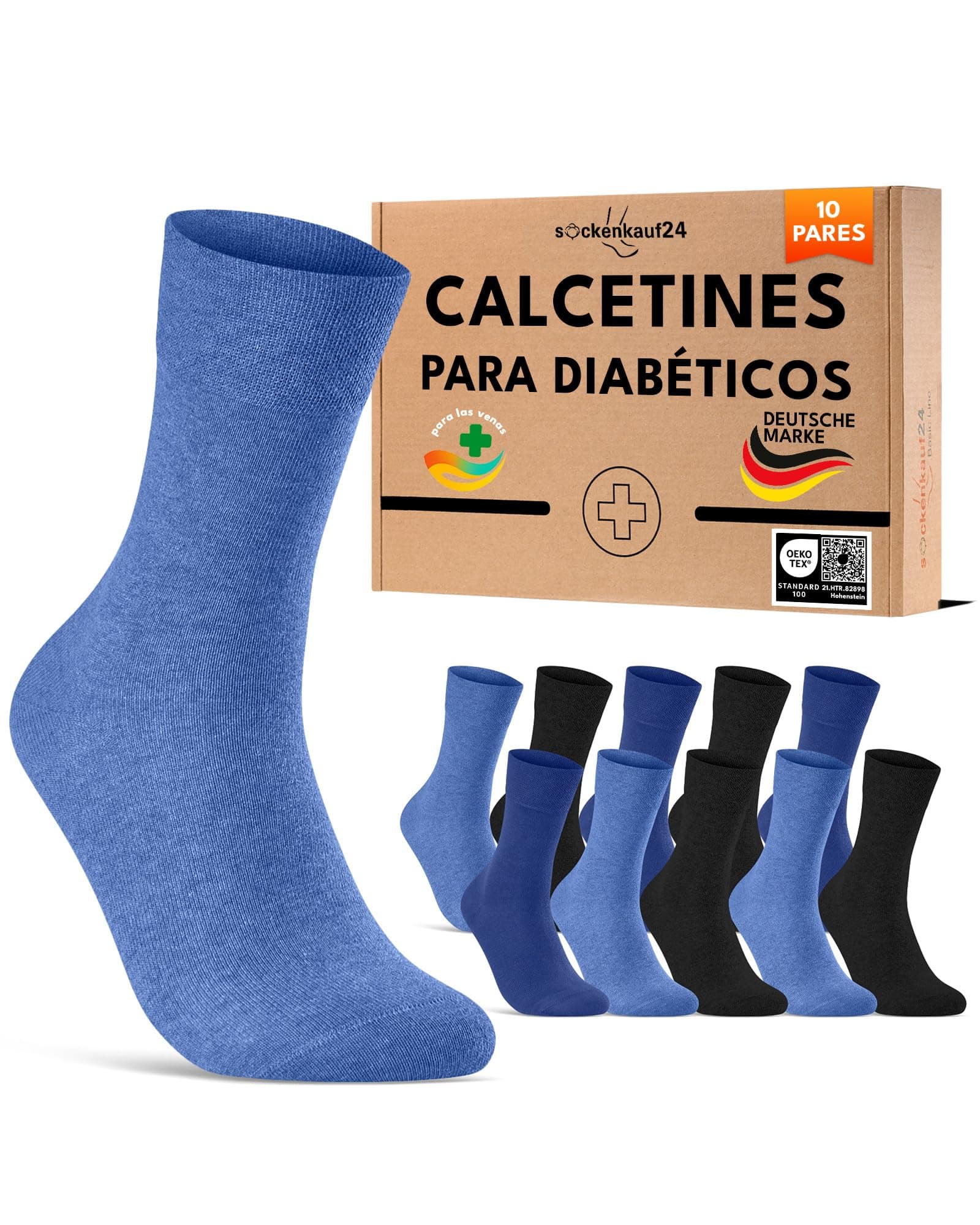 sockenkauf24 10 Pares Calcetines Diabéticos sin Elástico y sin Costuras con Cintura de Confort Hombre Mujer Algodón