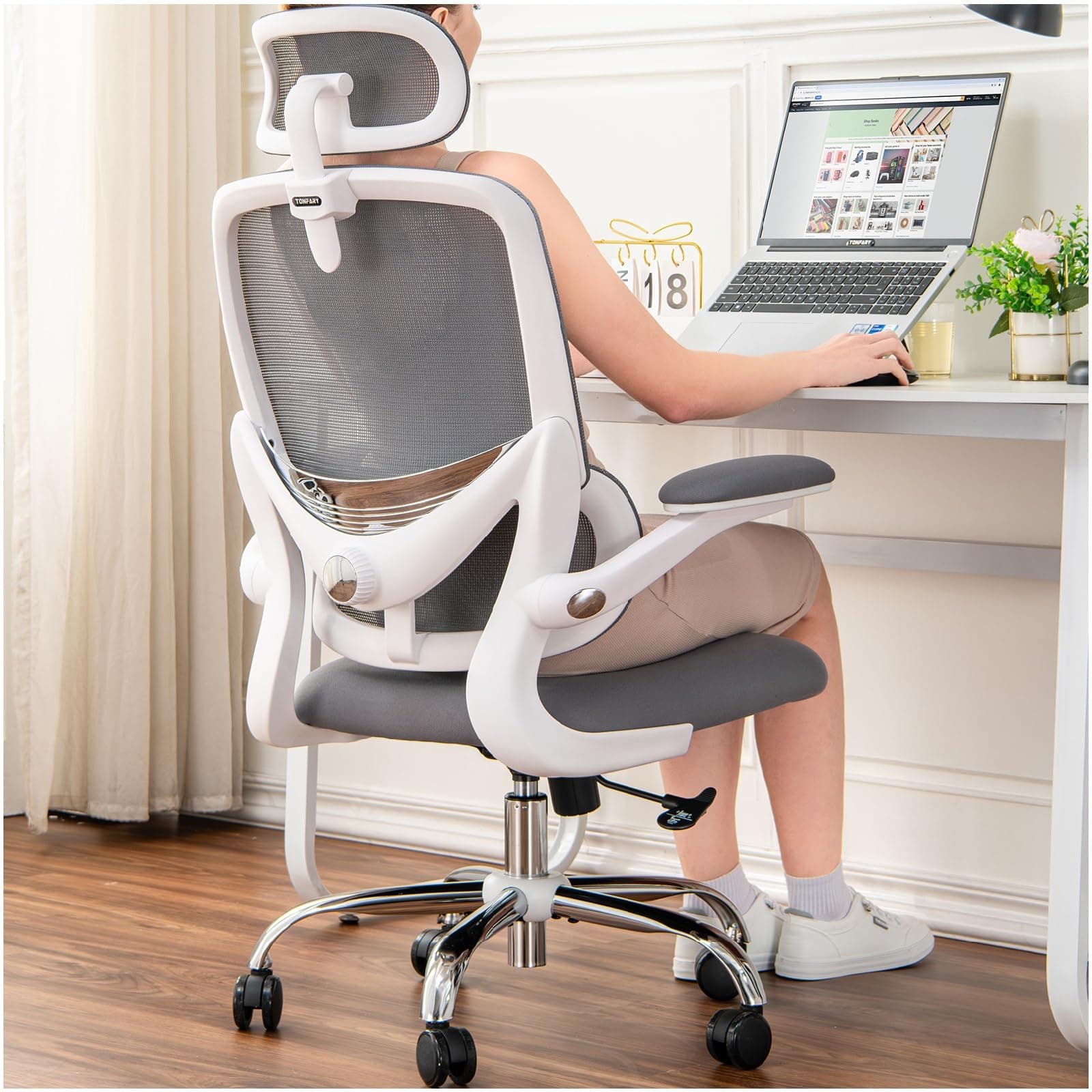 TONFARY Silla Ergonómica para Oficina, Silla de Escritorio Respaldo Alto de Malla, Soporte Lumbar Ajustable, Reposabrazos Abatible, Reposacabezas Desmontable, Silla Giratoria para Juegos, 150 KG