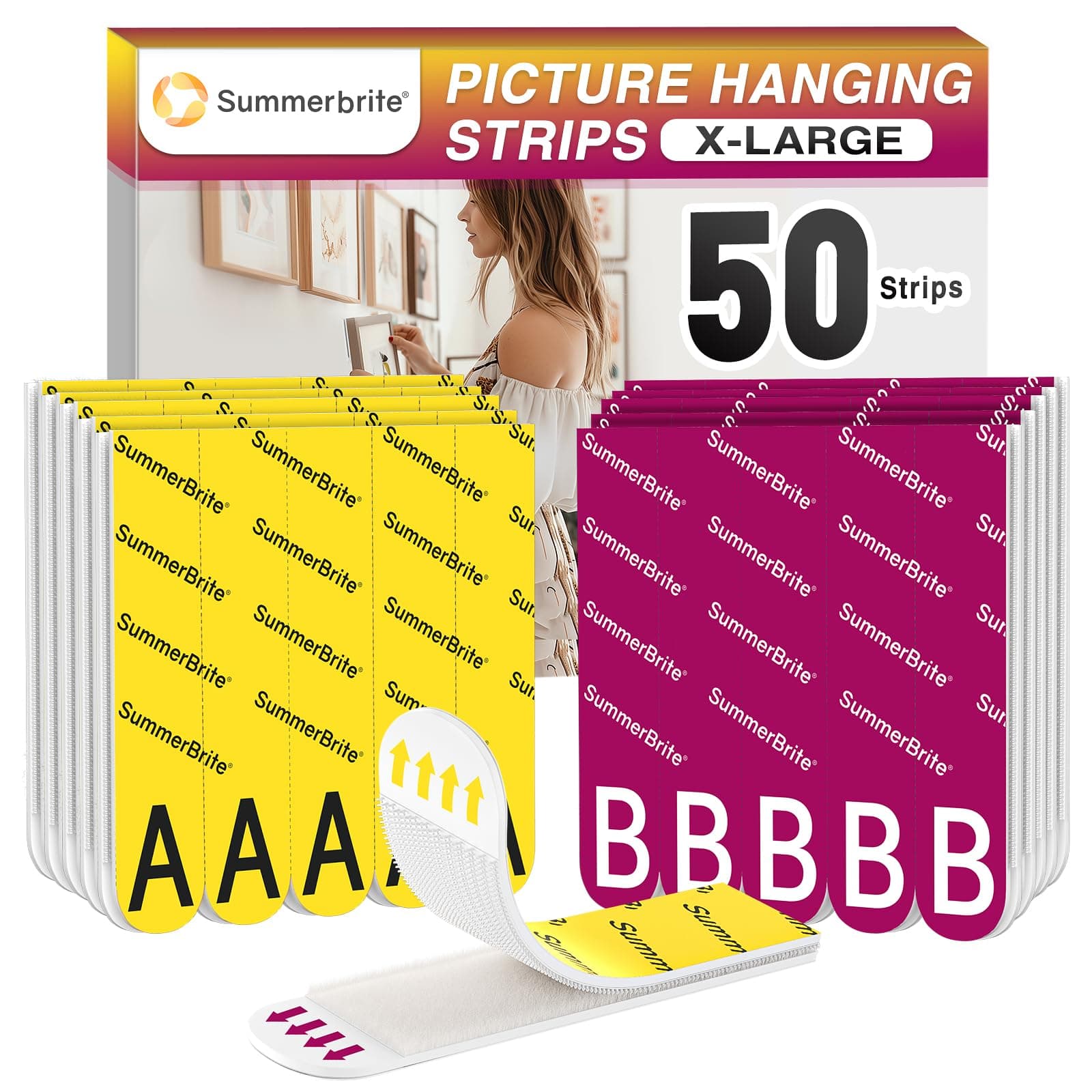 Summerbrite Accroche Tableau Sans Percer, 25 Paires (50 Languettes, XL), Fixation Murale Bandes de Suspension, Peut Supporter 6,8 kg, Aucun Résidu, Adapté aux Cadres, Posters, Décorations