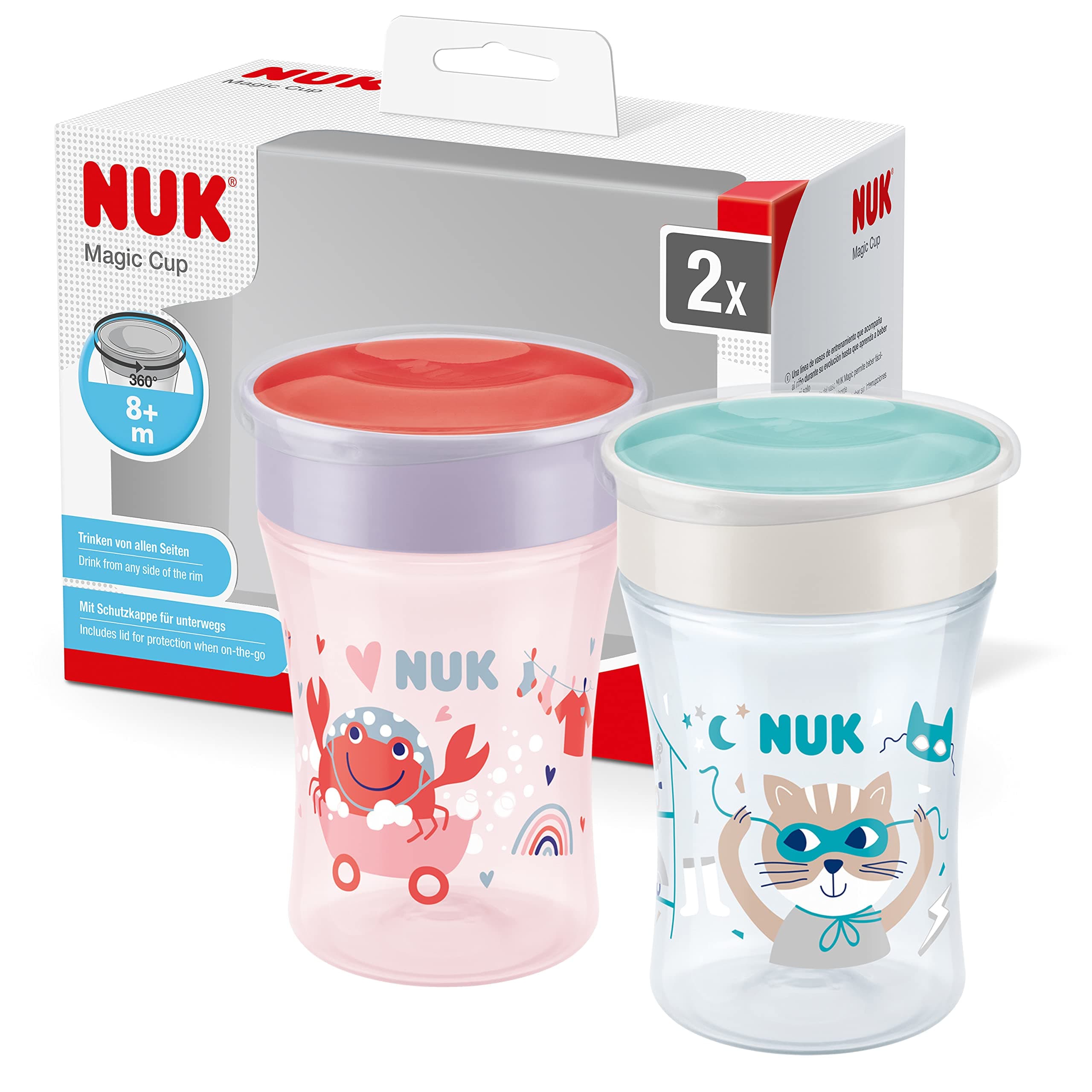 NUK Magic Cup bicchiere antigoccia | Bordo anti-rovesciamento a 360° | 8+ mesi | Senza BPA | 230 ml | Rosa e Blu | 2 pezzi