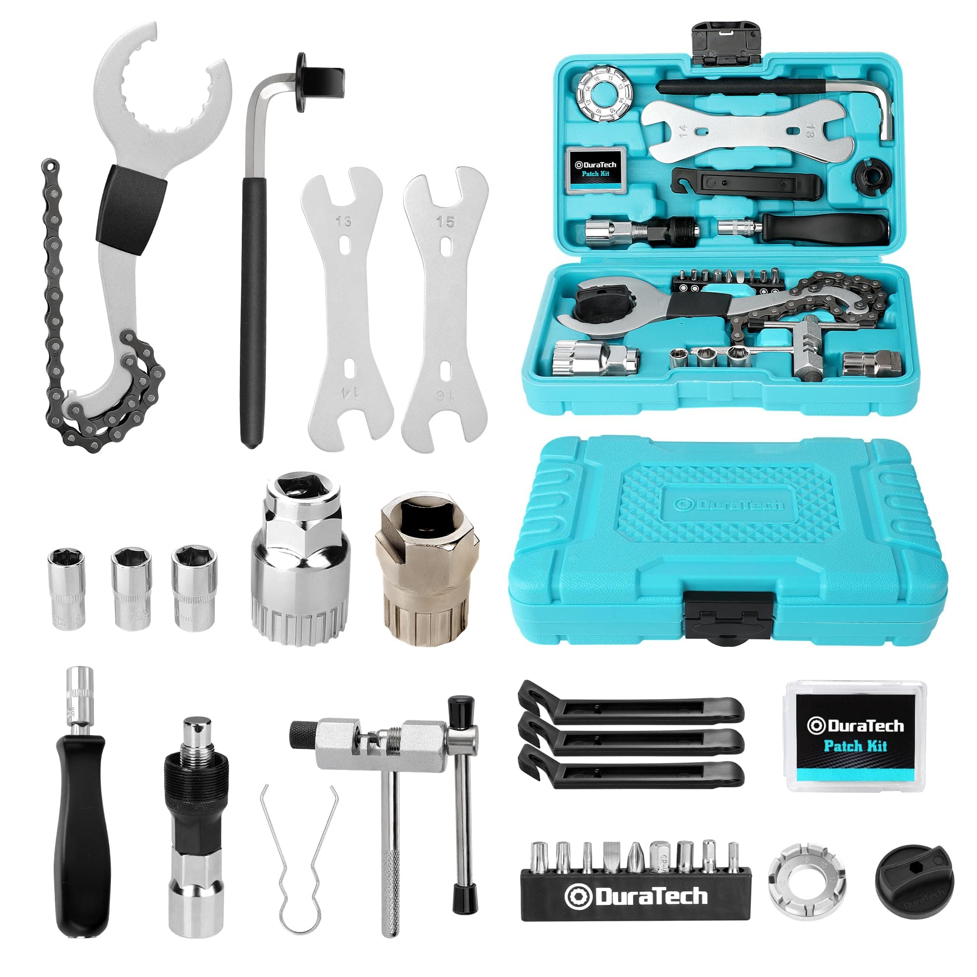 DURATECH Kit d'Outils de Réparation pour Vélo 31 pièces avec Mallette Pratique, Ensemble d'Outils de Vélo Portable pour la Réparation des Pneus, des Chaînes et du Pédalier