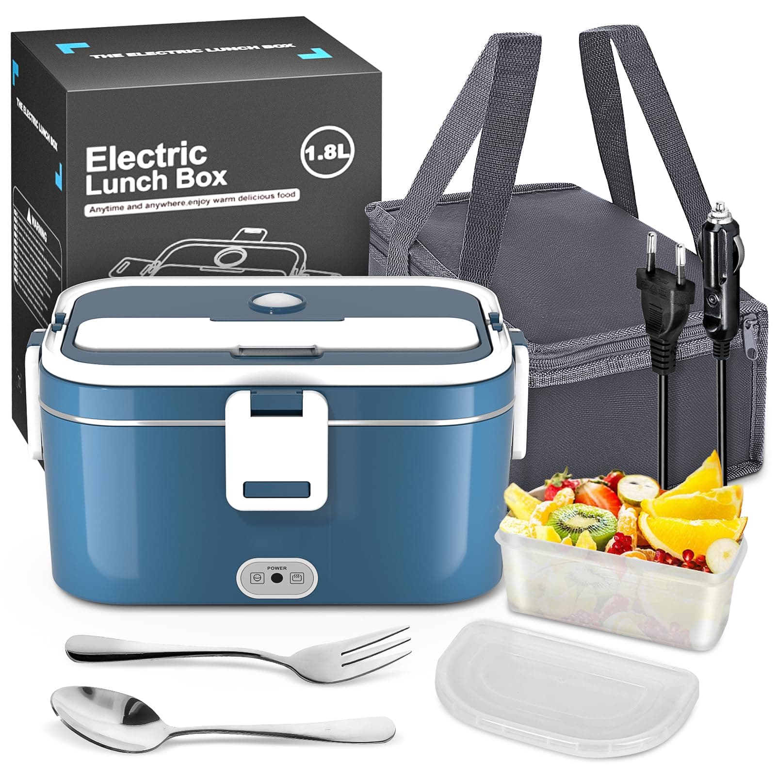 VIYSPNV Scaldavivande Elettrico Portatile, 120W 1.8L Portavivande Termico, 3 in 1(12V/24V/240V) Porta Pranzo Termico per Auto Camion e Ufficio Lunch Box Elettrico con Forchetta Cucchiaio e Borsa