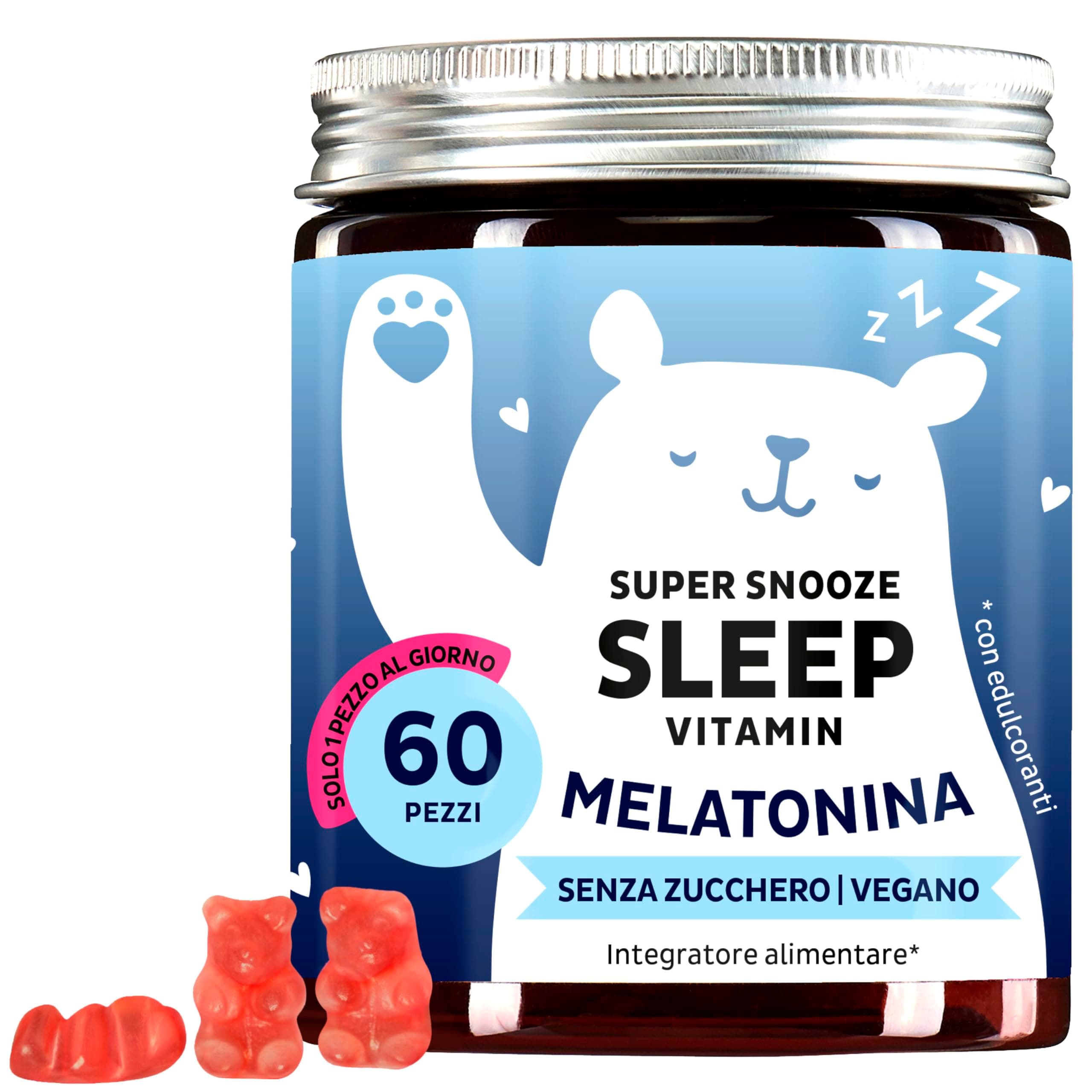 Super Snooze Sleep Vitamin - Sonno naturale - Melatonina 1mg con Vitamina B6-60 Pezzi (2 Mesi) - Senza Zucchero, Vegano - Bears with Benefits