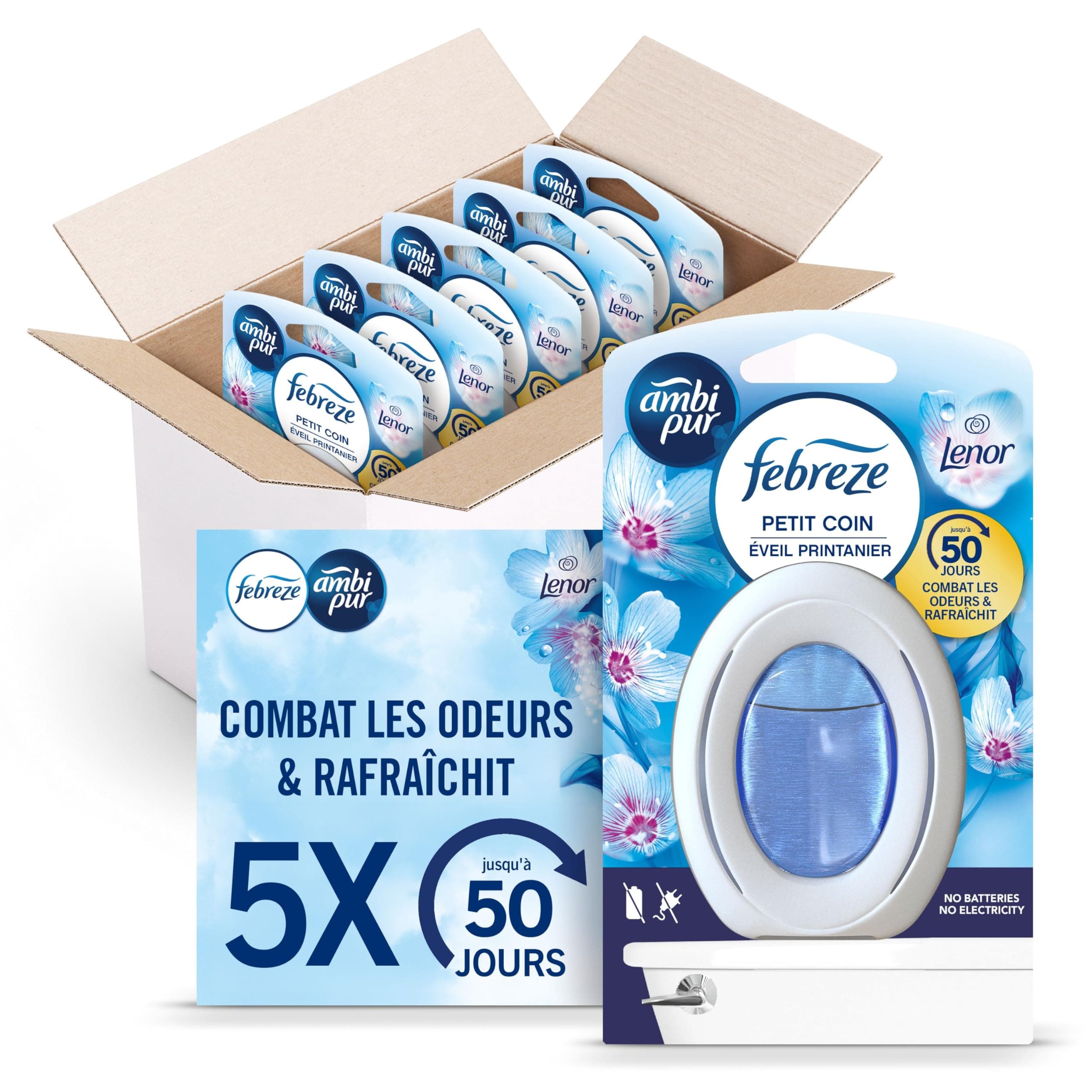 Febreze Petit Coin, Désodorisant WC En Continu (7.5ml x5), Parfum Eveil Printanier, Combat Les Odeurs, Fraîcheur Jusqu'à 50 Jours