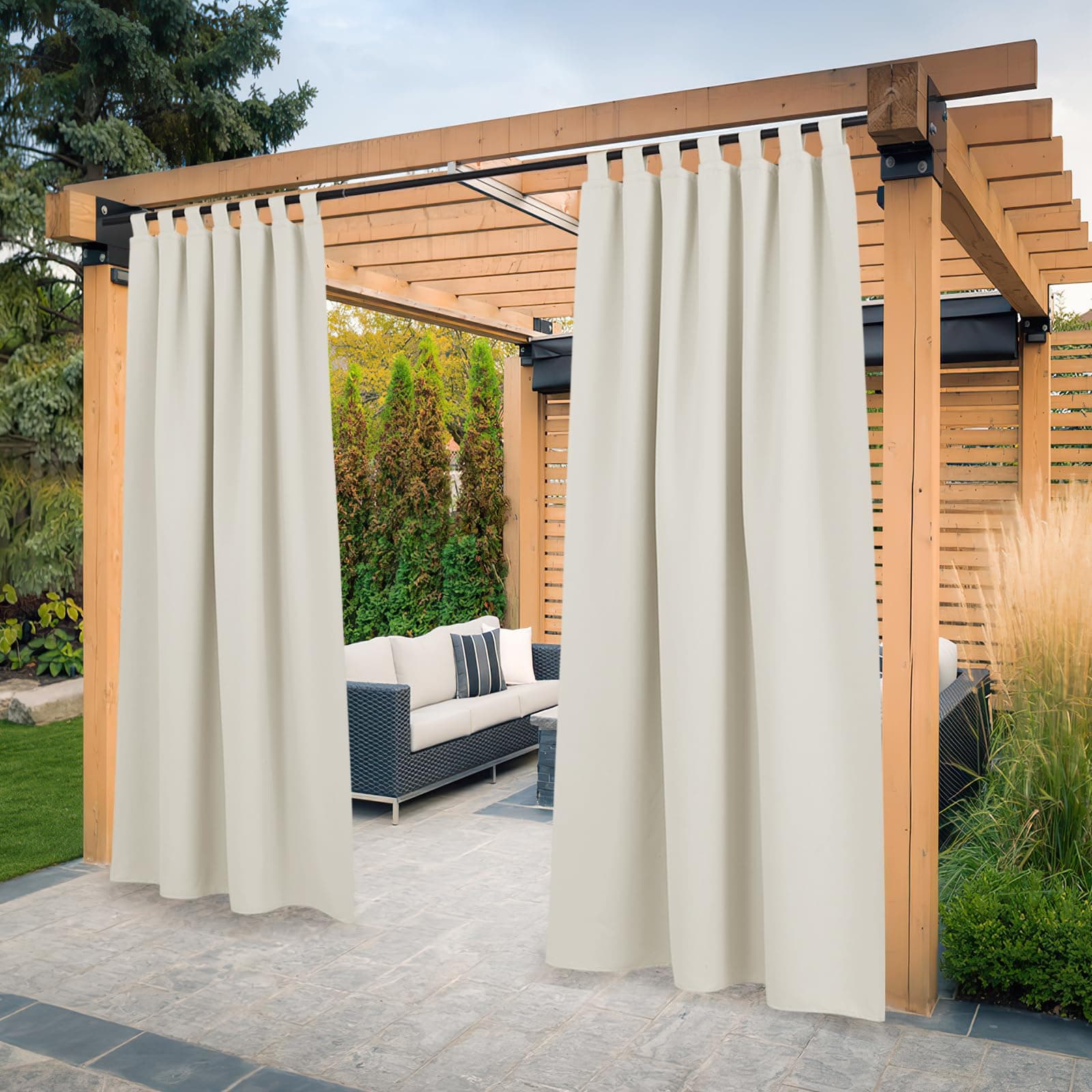 PONY DANCE Cortina de Exterior Impermeable para Porche/Pergolas, Cortinas Opacas de Protección UV para Terrazas con Trabillas Adhesivo, 2 Piezas, 132x243 cm, Beige Claro