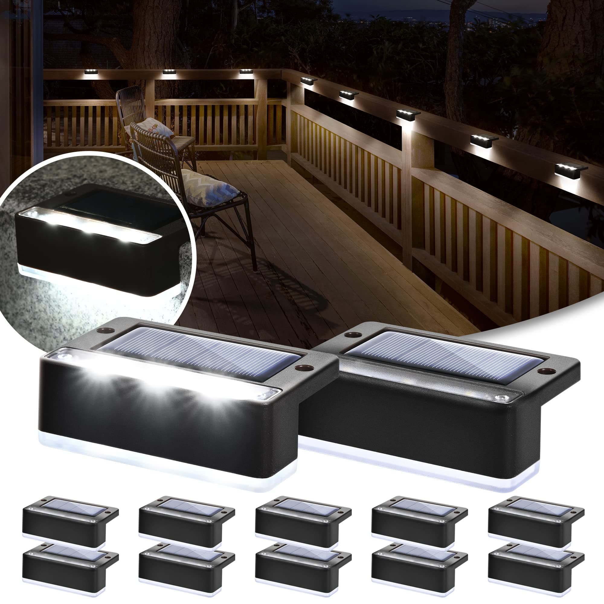 Solpex lámparas solares para exterior, 12 piezas, luz de escalera blanca, luces solares impermeables, iluminación LED para escaleras exteriores, escalones, valla, jardín, patio, decoración (Negro)