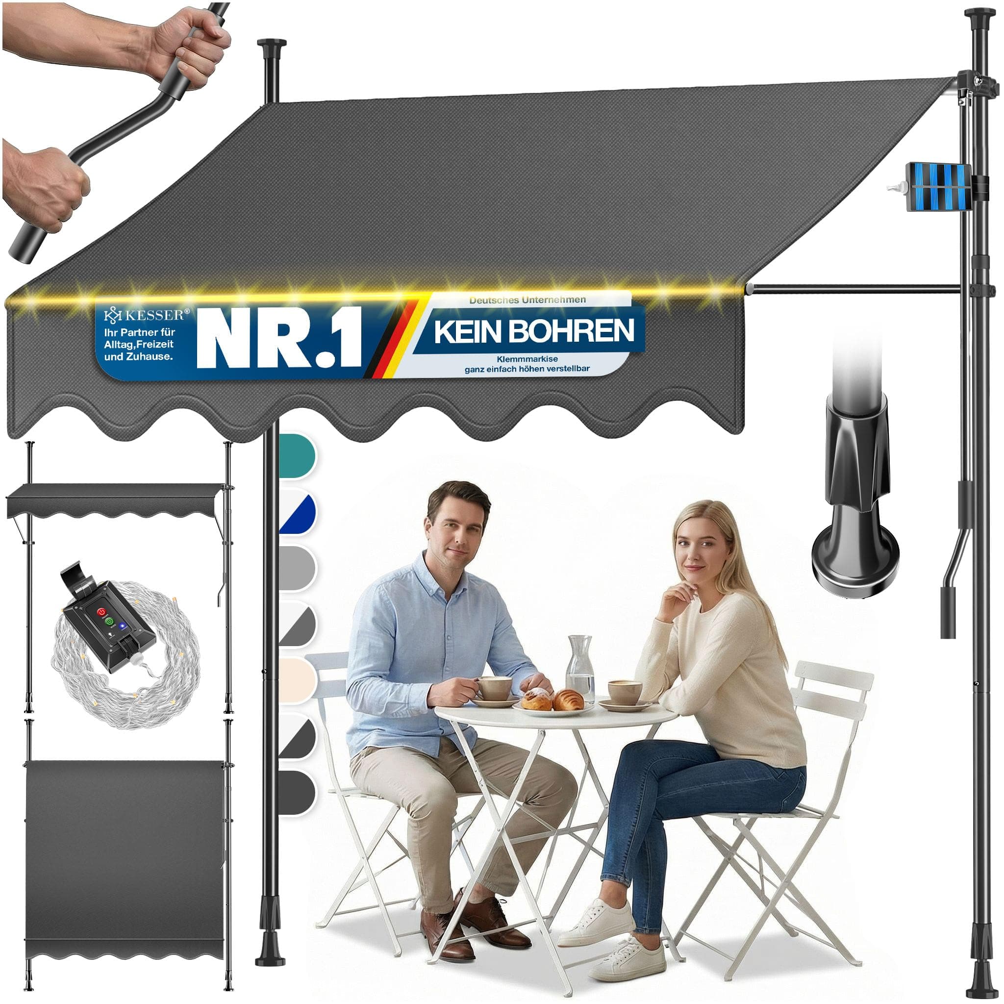 KESSER® Klemmmarkise mit Handkurbel & LED Lichterkette | Balkonmarkise ohne Bohren | Markise UV-beständig höhenverstellbar & wasserabweisend | Sonnenschutz für Balkon Terrasse & Garten 200cm