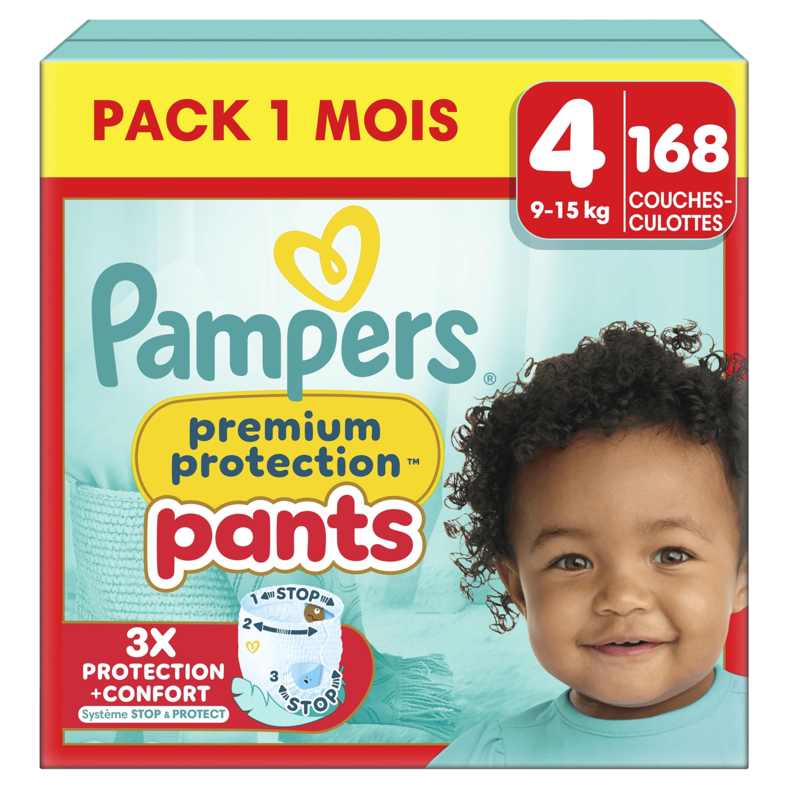 Pampers Premium Protection Pants Couches-Culottes Taille 4 x168 Pack 1 Mois | 9kg-15kg. Notre Meilleur Confort Et Protection. Maintien 360° Et Barrières Anti-Fuites Douces. Pack 1 Mois.