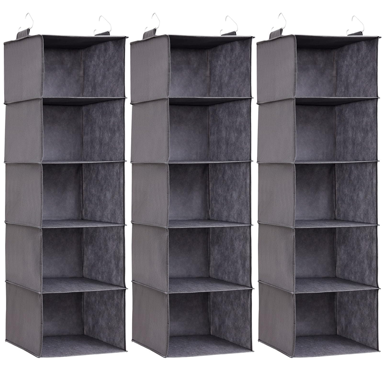 Lifewit 3 mensole sospese, organizer per armadio, sistema di sospensione, in tessuto, per armadio, pieghevole, salvaspazio, con ganci in metallo, 5 scomparti, grigio