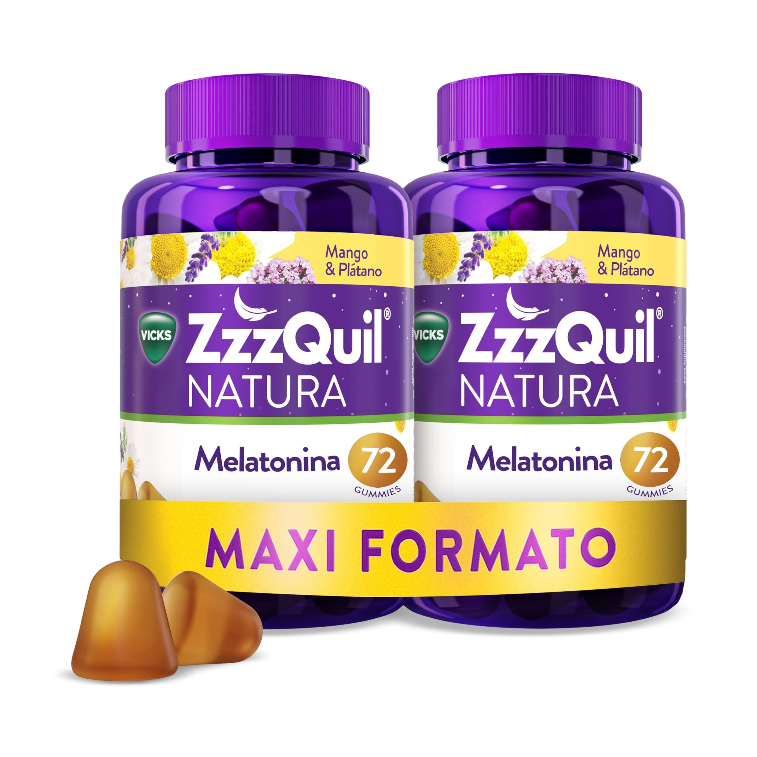 ZzzQuil Natura Gummies de Melatonina 1mg con Valeriana, Complemento Alimenticio para dormir sabor Mango y Plátano, 2x72 Gummies