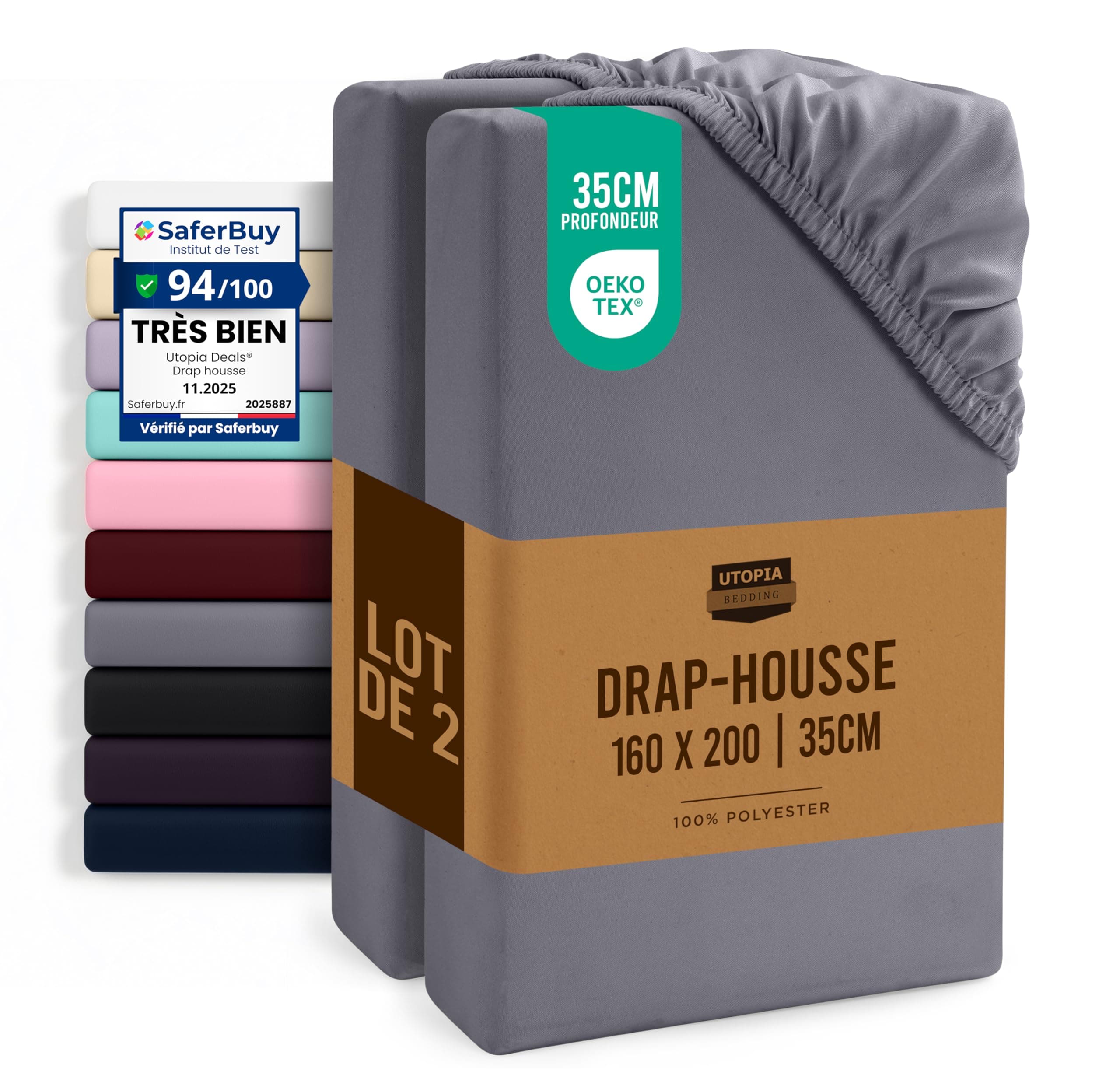 Utopia Bedding Lot de 2 Drap Housse - Gris, 160 x 200 cm - Coupes de 35 cm pour Matelas épais - Certifié Oeko-Tex - Polyester Microfibre brossée