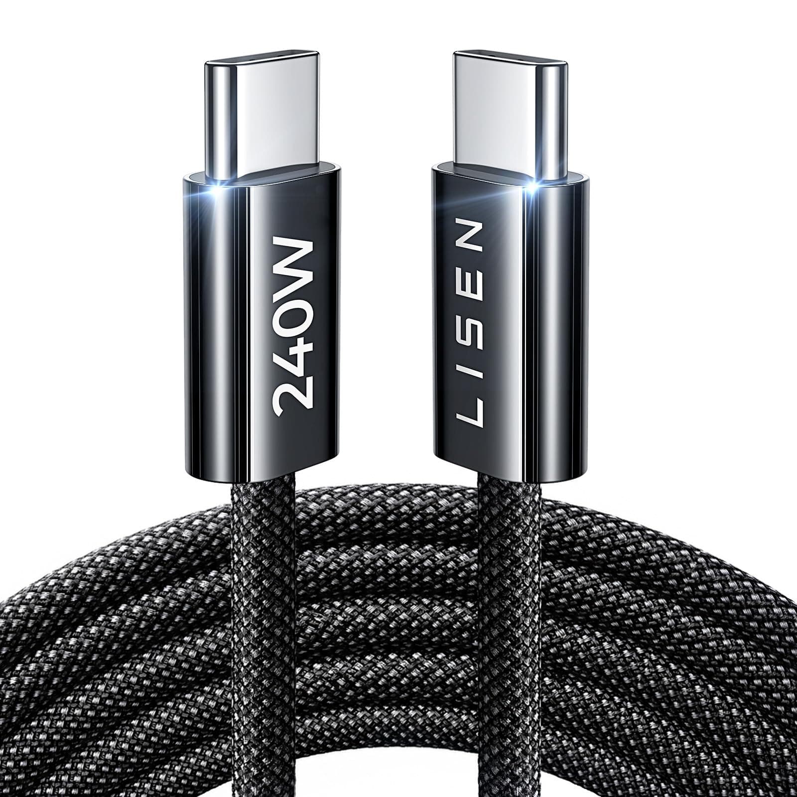 LISEN 240W Cable USB C Charge Rapide, 2m PD 5A Cable USB C vers USB C Câble USBC Chargeur Nylon Tressé pour iPhone 17 16 Samsung S25 Ultra iPad Air MacBook Pro Google Pixel 9 Xiaomi 17 Switch, Noir