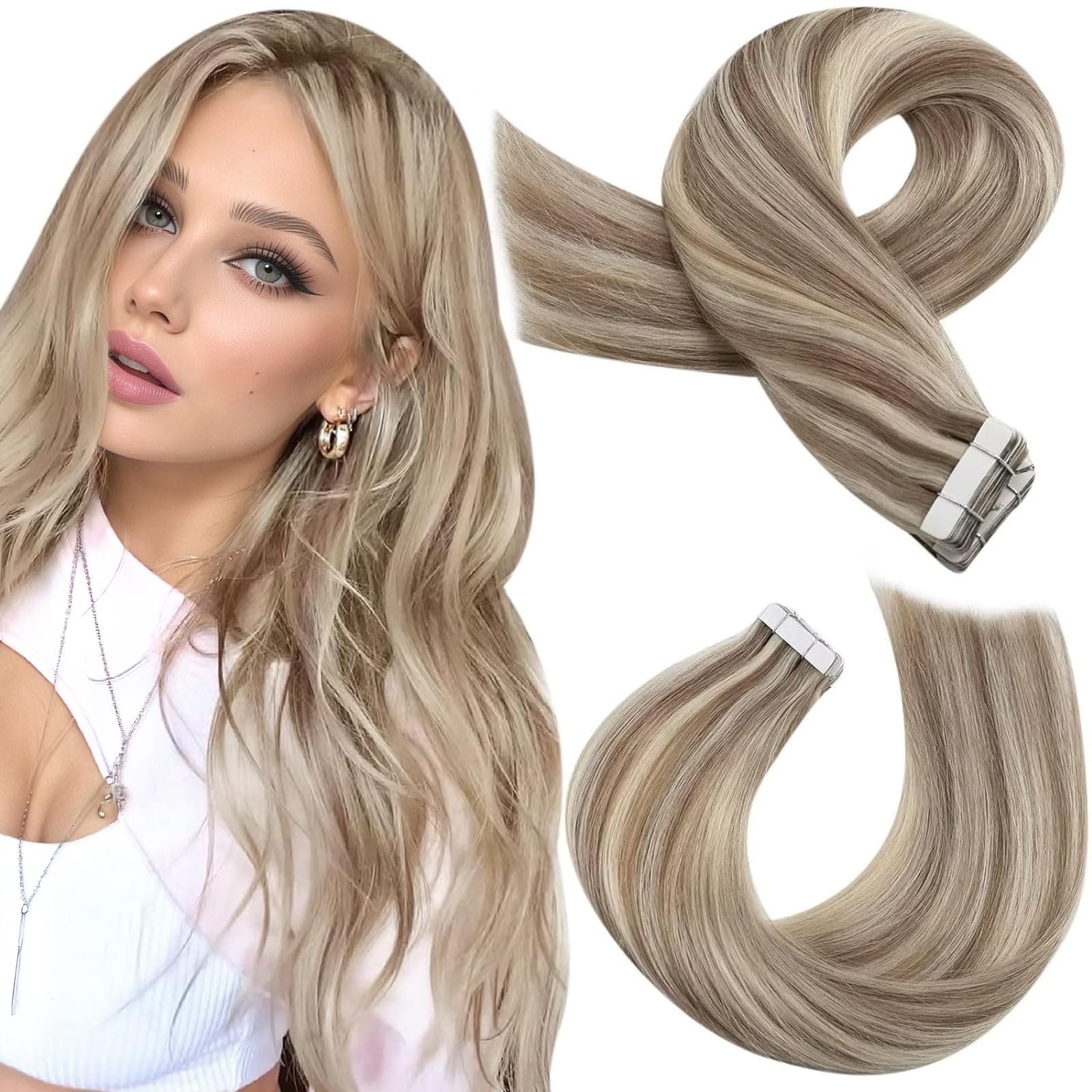 Moresoo Extension Cheveux Naturel Adhesif 50 cm Brun Clair et Blond Platine Invisible Extension Adhesive Cheveux Humain Remy 50 cm 20 Pieces 50g #P9A/60