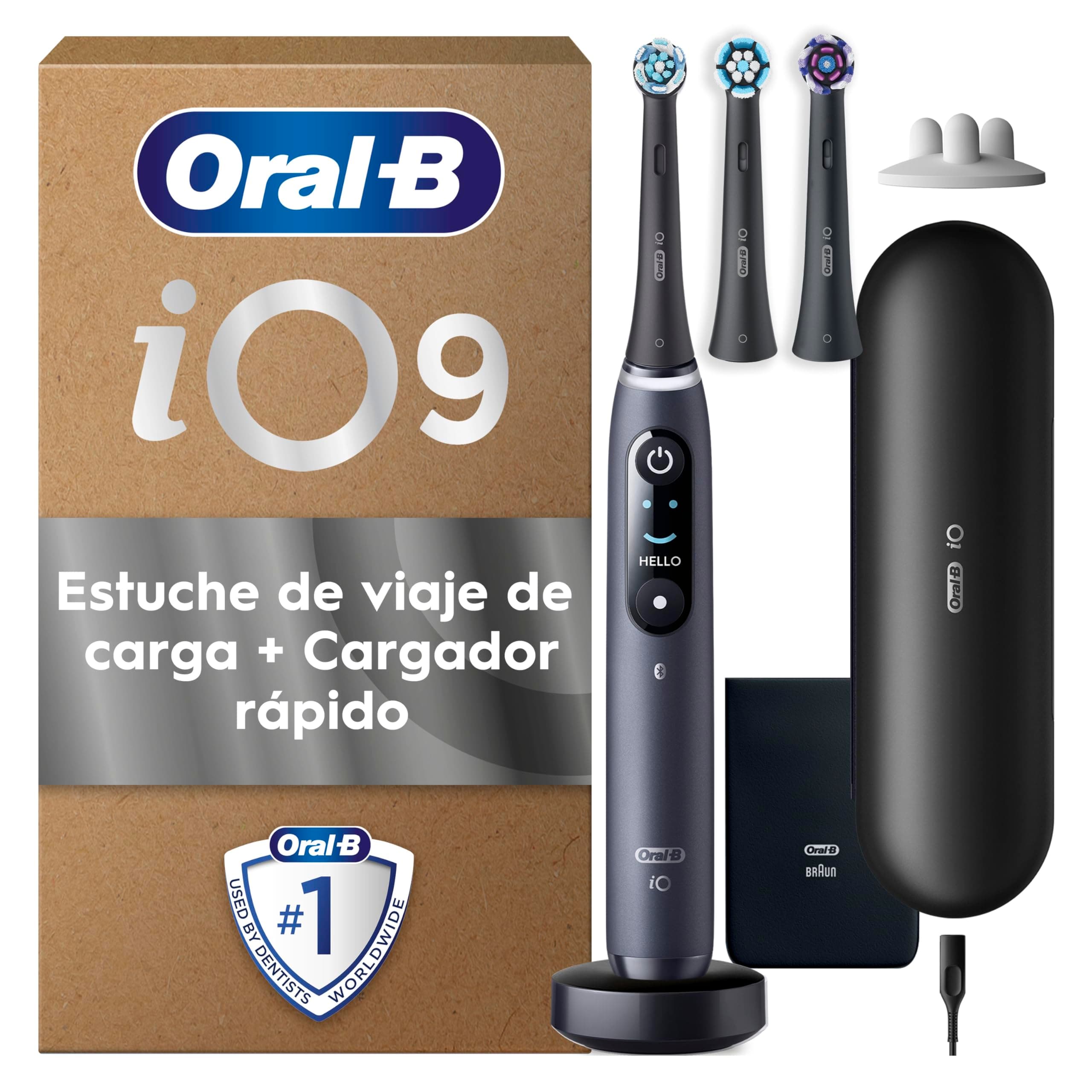 Oral-B iO 9 Cepillo de Dientes Eléctrico con 3 Cabezales, Negro - Cepillo Dental con 7 Modos de Cepillado Y Sensor de Presión, Carga Rápida, Estuche Cargador de Viaje, Seguimiento con App