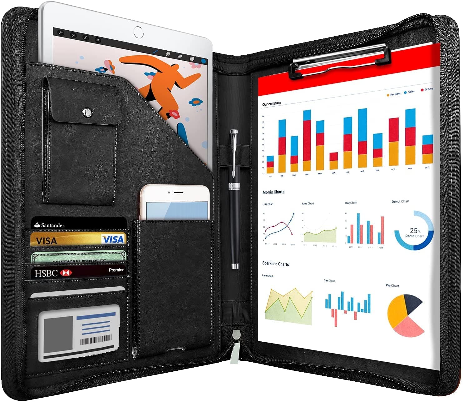 NEWYES Cartellina di conferenze Zipper in PU cuoio, A4, Regalo Uomo & Regalo Donna, Cartella di documenti da viaggio, Portafoglio portafoglio da viaggio, Cartella organizer personale Agend, Nero