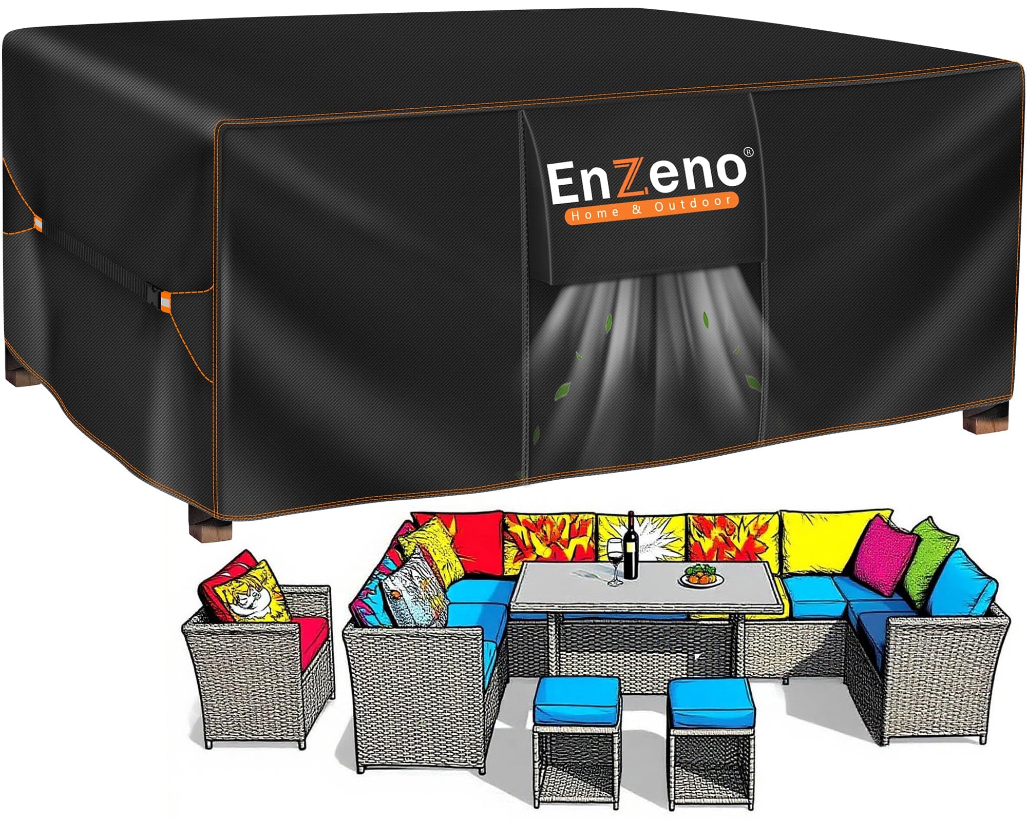 Enzeno Funda Mesa Exterior Impermeable,Fundas Muebles Exterior Impermeable 250x250x90cm,Funda Conjunto Jardin Aplicable a Mesa y Sillas,Anti Viento, Anti UV