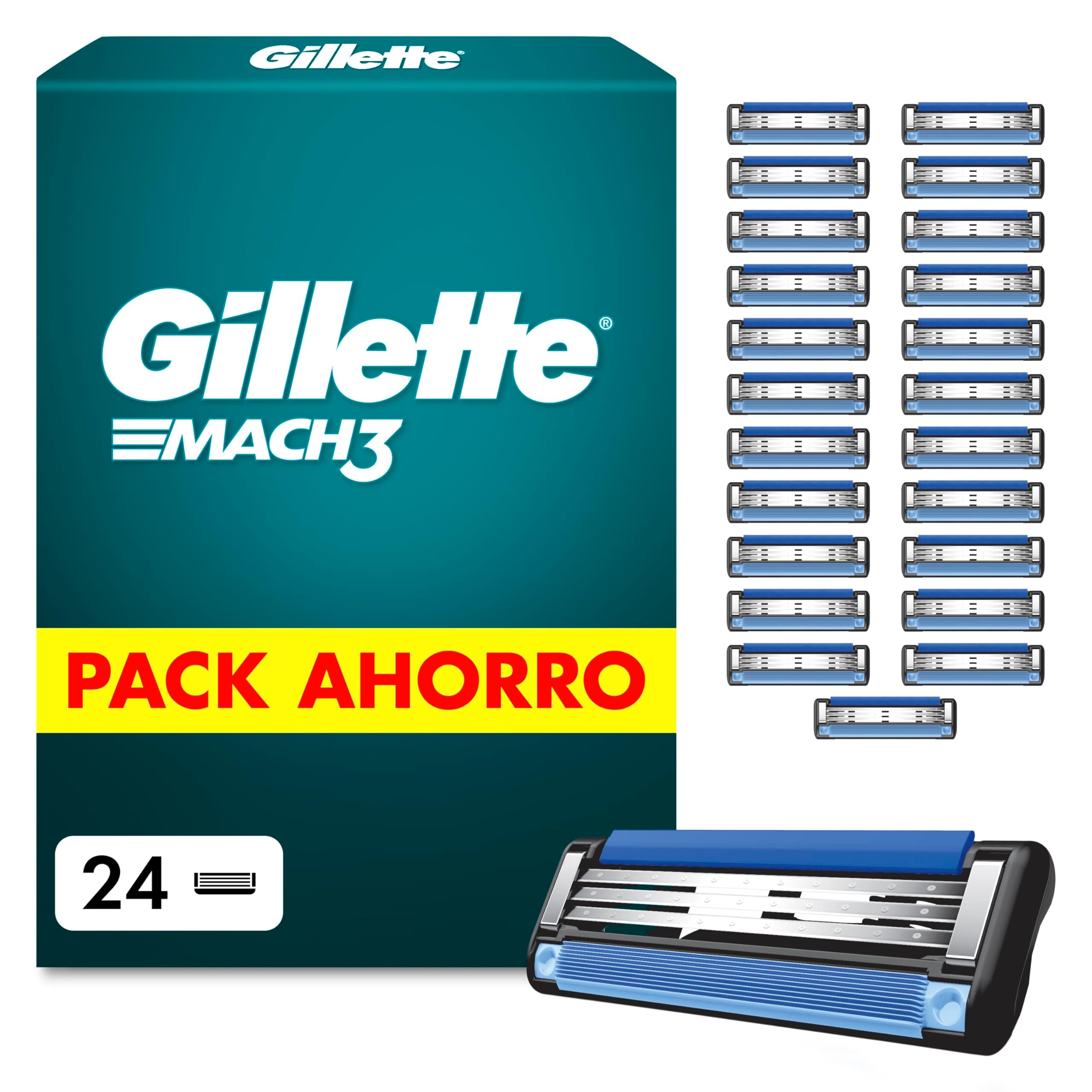 Gillette Mach3 Base Recambios para Maquinillas de Afeitar para Hombre, Pack de 24 Cuchillas de Afeitar con 3 Hojas Y Banda Lubricante para Un Afeitado Suave, Compatible con Todos Los Mangos Mach3