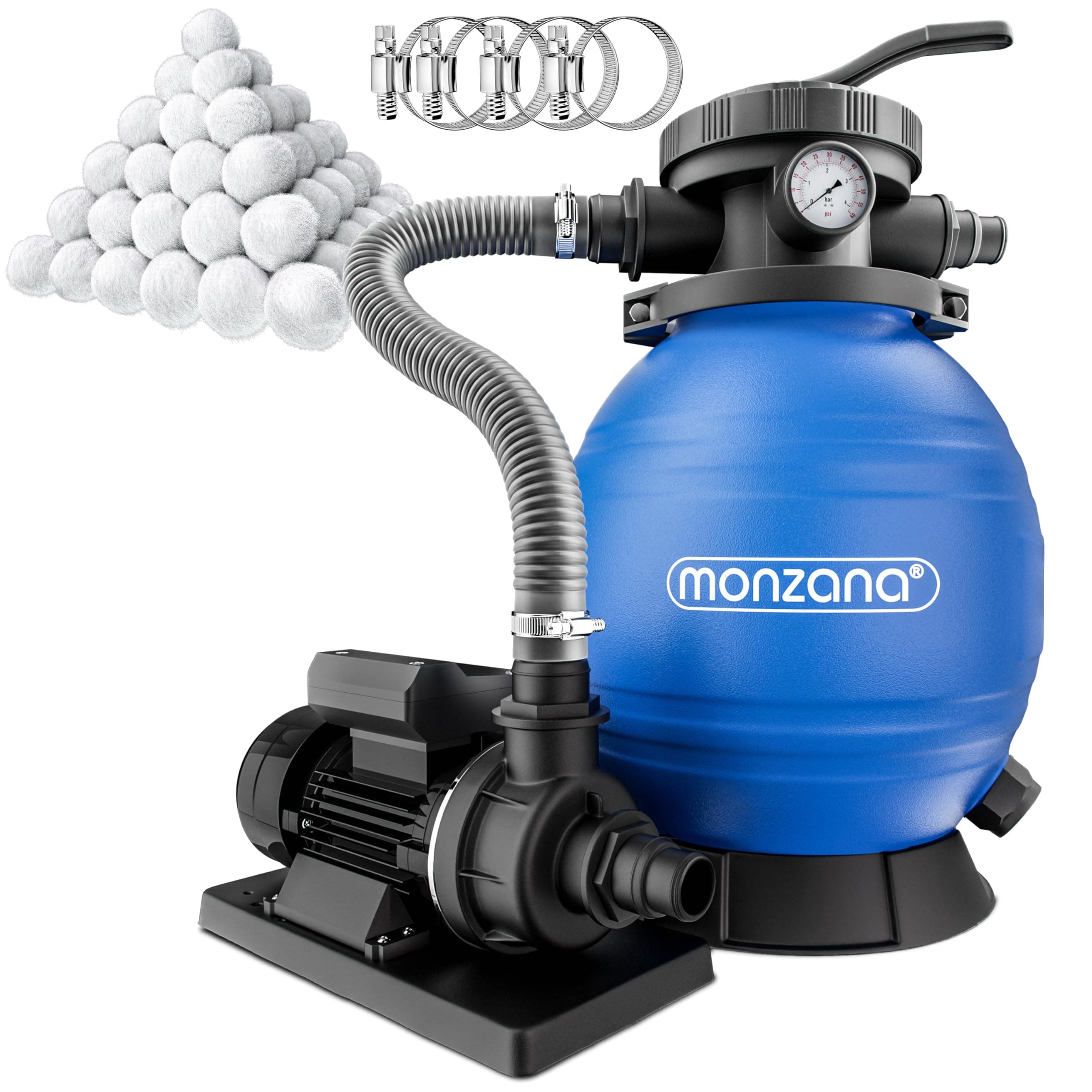 MONZANA® Depuradora Piscina 10.200L/h Filtro de Arena hasta 35.000L incl. Bolas Filtrantes Válvula 7 Funciones Filtrado 400W Adaptador Ø32-38 mm Bomba Indicador de Presión