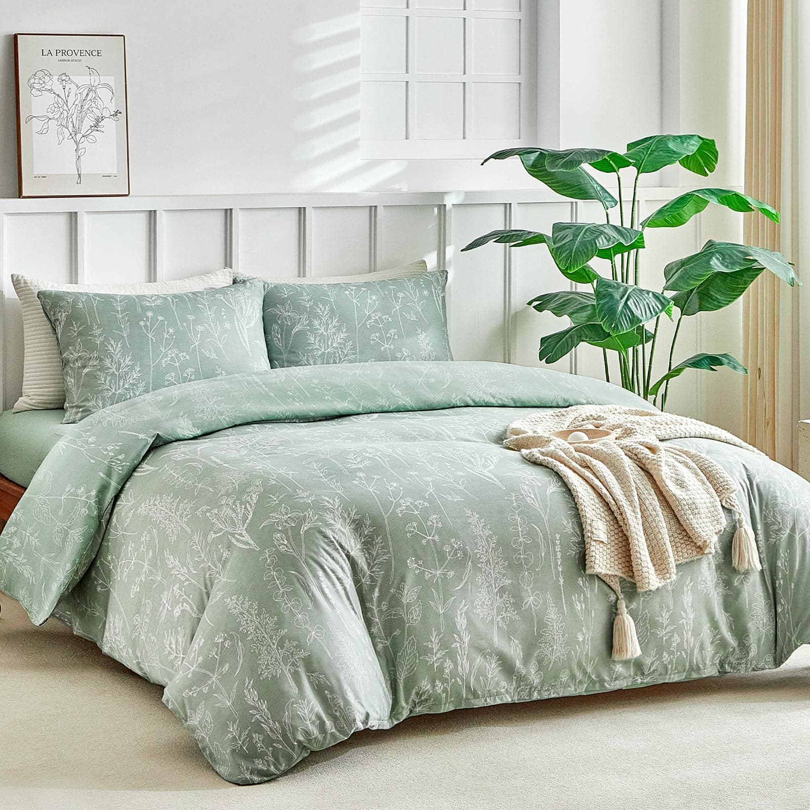 Tokokimo Funda Nórdica Cama 135/150 de 4 Piezas, Funda Nordica 220x240 con 2 Fundas de Almohada 50x75 y Bajera Ajustable 150x200+35, Ramas y Hojas Patrón Microfibra, Verde Salvia