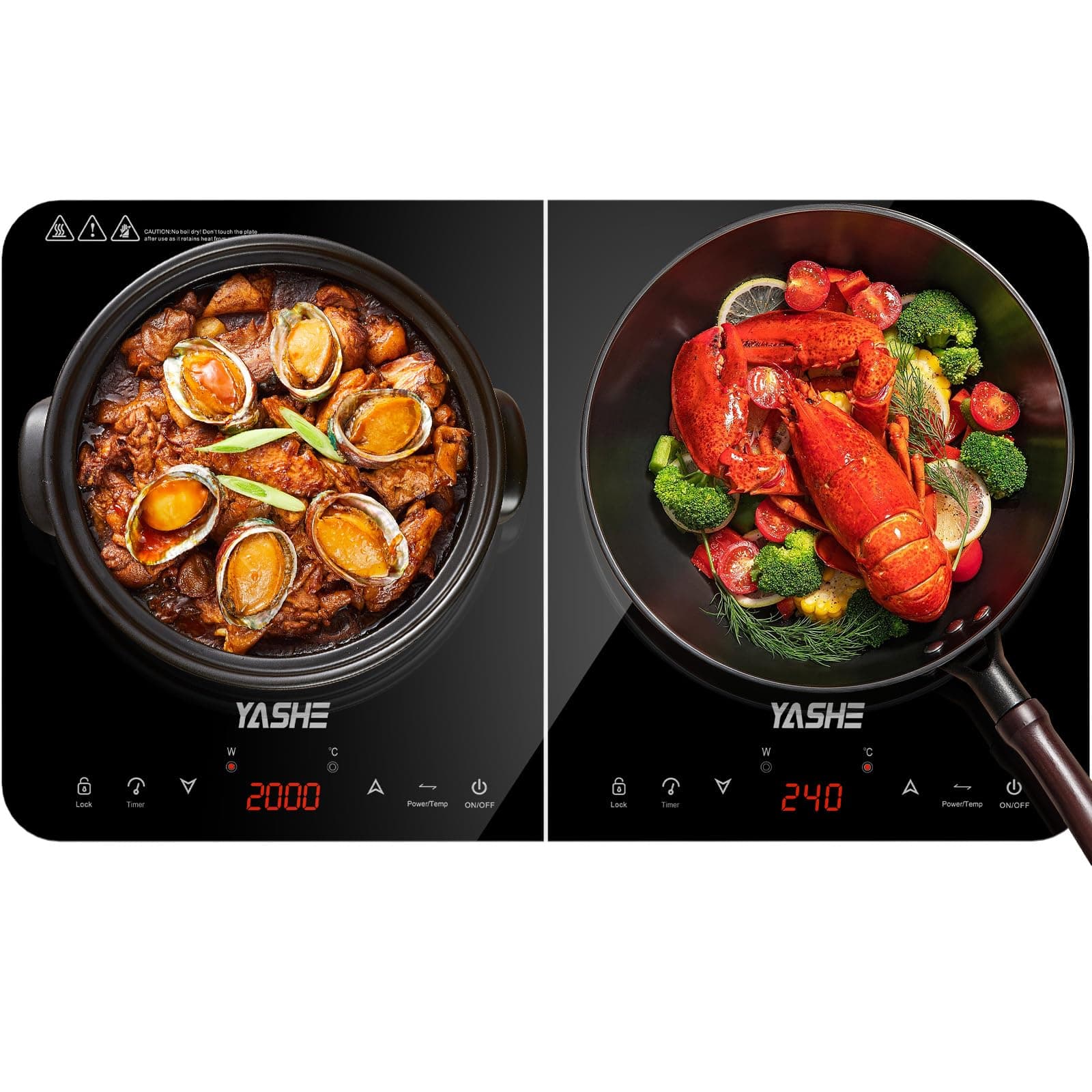 YASHE Piastra a Induzione Doppia 3500W, 2 Zone di Cottura Indipendenti con Display LED e Controllo Touch, 10 Livelli di Potenza e 10 Temperature, Timer 4 Ore, Blocco Bambini, Piano in Vetroceramica