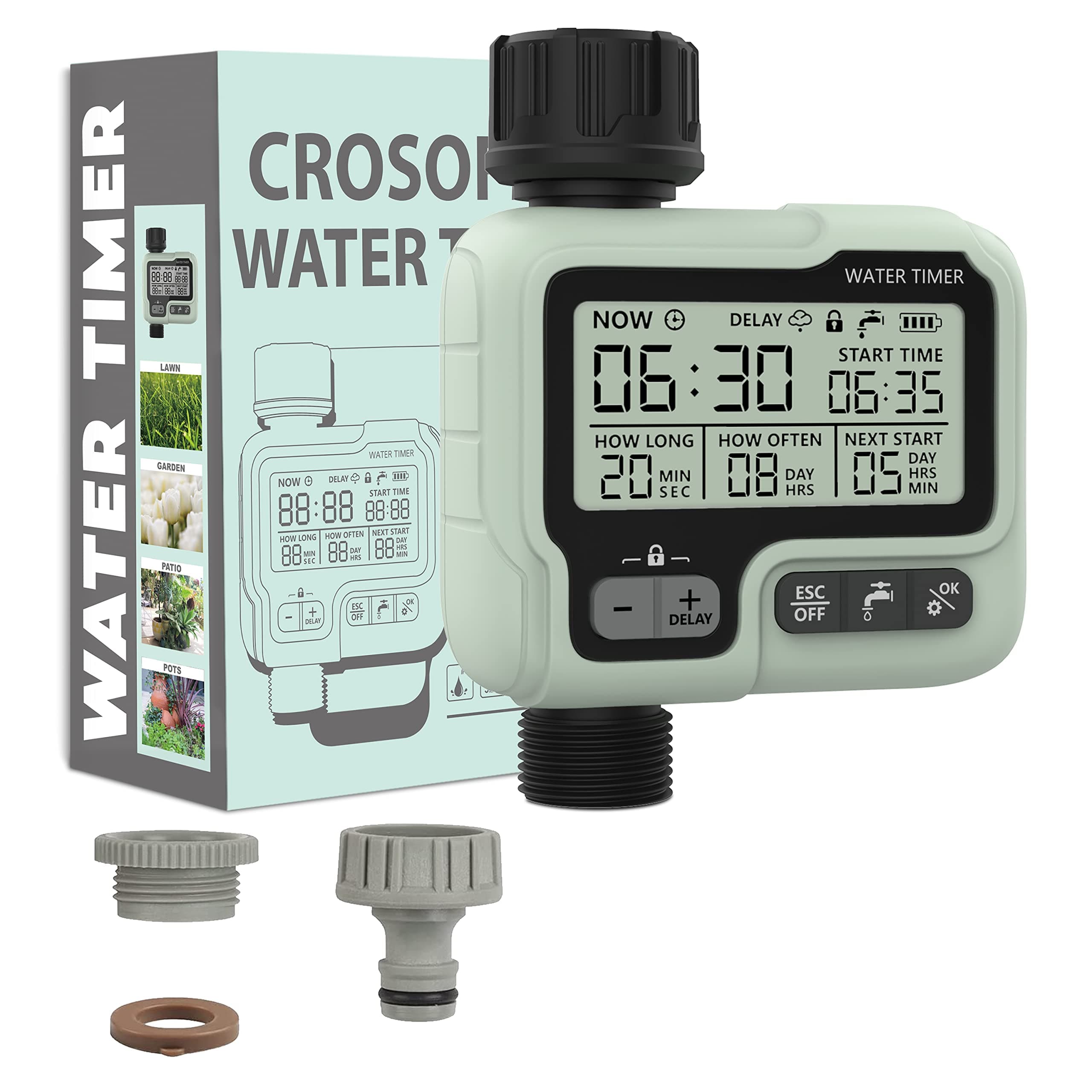 CROSOFMI Programador Riego Automatico Jardin Temporizador de Aspersión por Goteo IPX5 Resistente al Agua/Retraso por Lluvia/Modo Manual/Bloqueo para Niños