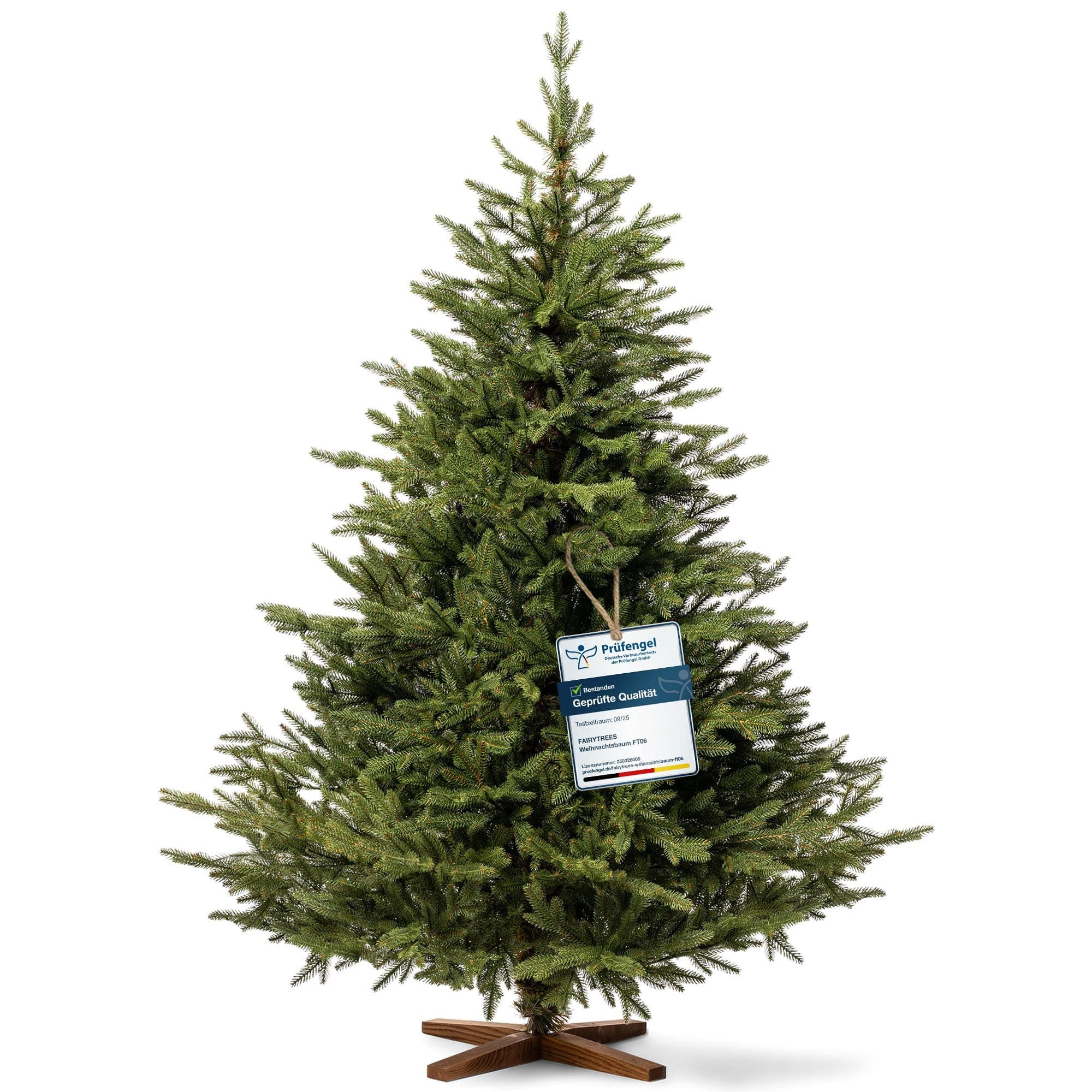 FAIRYTREES Sapin de Noël Artificiel 220 cm Nordmann Exclusif 100% PE | Éléments naturels moulés par Injection | Fabriqué en UE | Arbre de Noël avec Support en Bois de frêne Fait à la Main