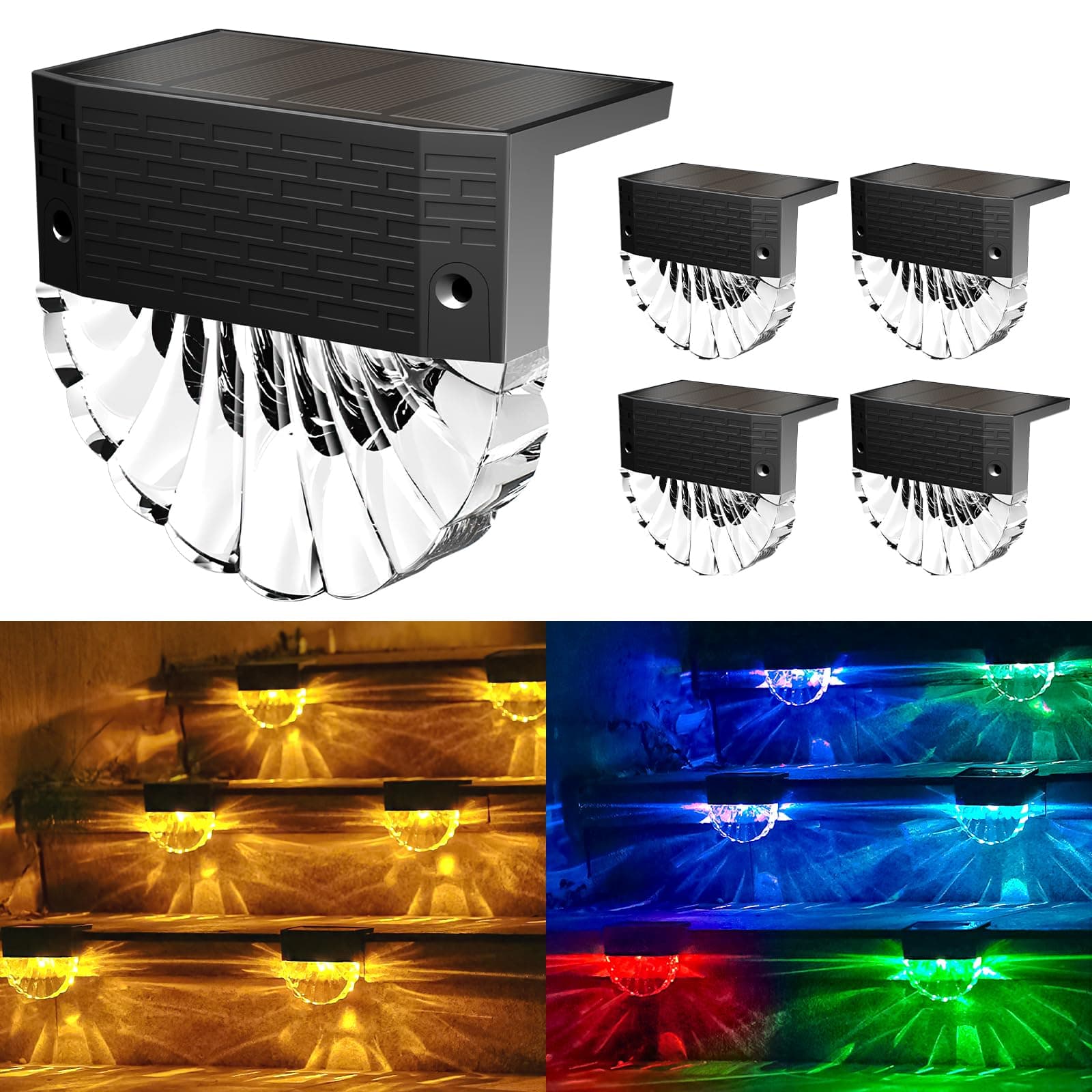 FIFlying Luci Solari da Giardino, 4 Pezzi Luce Solare Led Esterno, IP65 Impermeabile Lampade Solari da Esterno, 3 Modalità, Auto ON/OFF per Gradini Cortili Prato Vialetto, Bianco Caldo/RGB