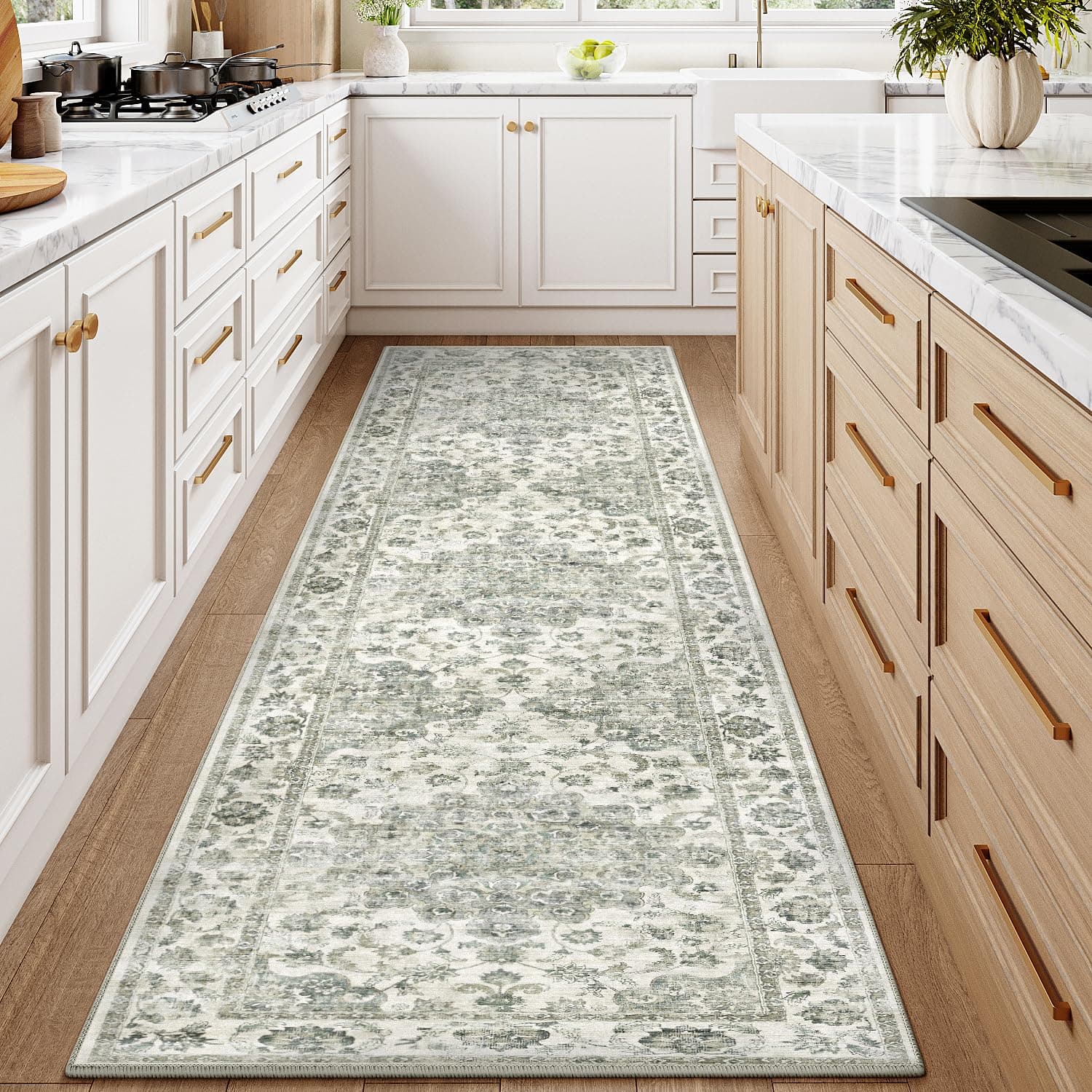 HUGEAR Vintage Tappeto Cucina 60x240cm Verde Antiscivolo Lavabile In Lavatrice Lungo Per Corridoio Tappeti Rug Rettangolare Pelo Corto Carpet