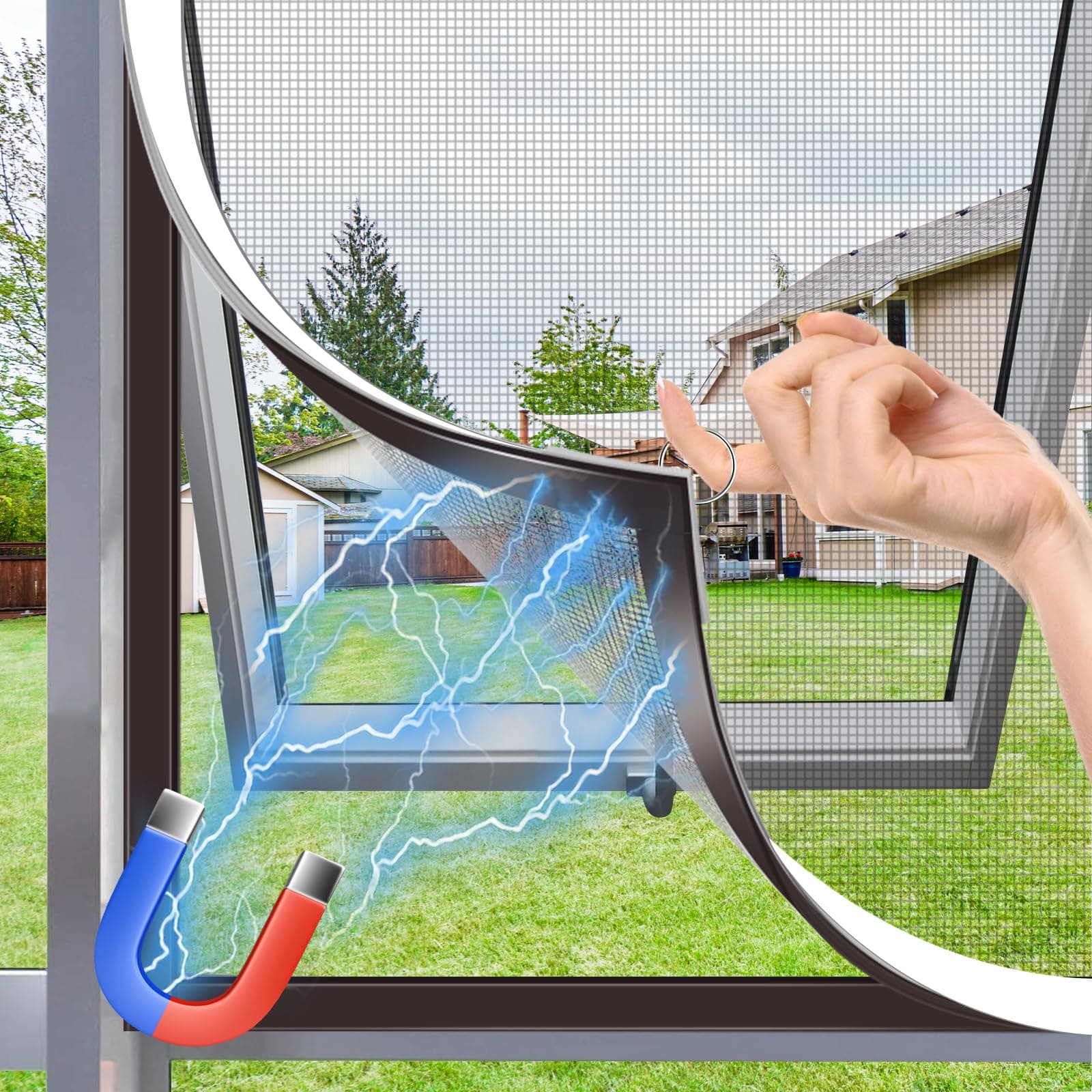 MLEJU Mosquitera Magnética para Ventanas, Mosquitera Ventana, Fácil Instalación sin Taladrar, Fácil de Limpiar, Marco Blanco y Red de Fibra de Vidrio - Gris (White Frame Gray Mesh, 150 x 180 cm)