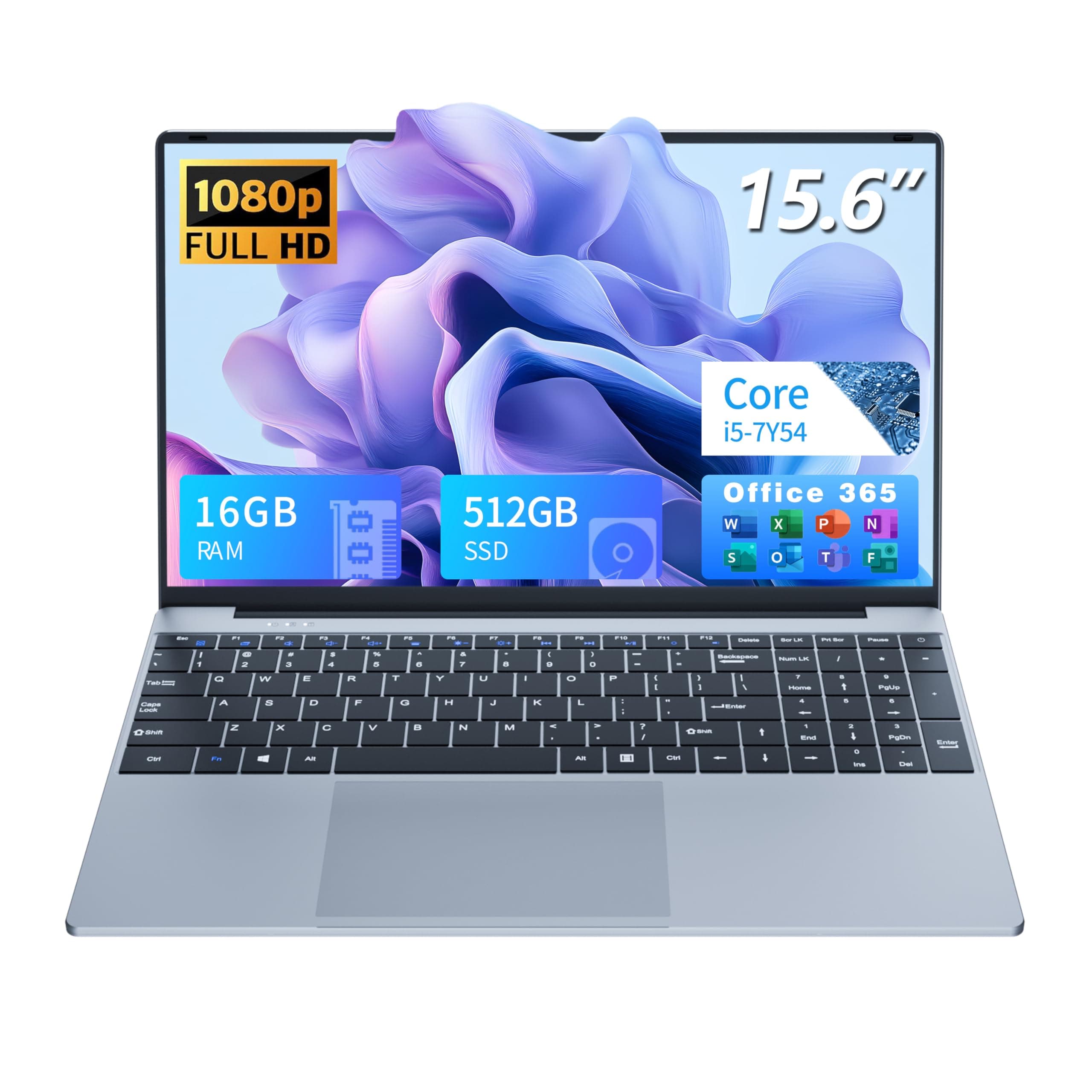 Ordenador Portátil 15.6" Full HD IPS Core i5-7Y54 hasta 3.2 GHz, 16 GB RAM SSD 512 GB, PC Portáti Win 11 + Office 365, Laptop Teclado Retroiluminado, Computadora Portátil HDMI USB3.0 WiFi 5 BT 4.2