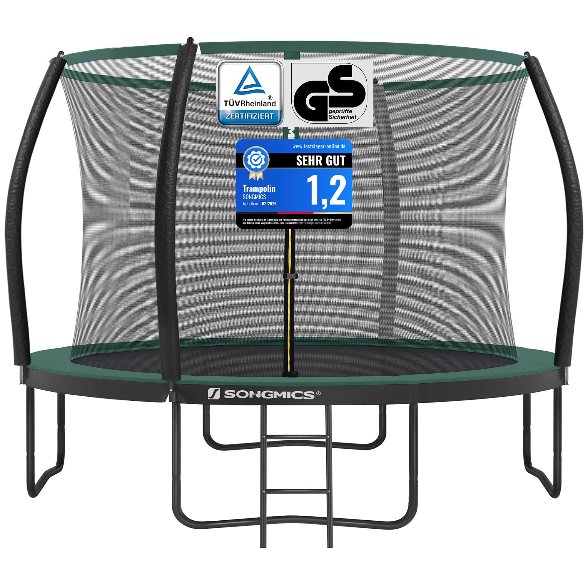 SONGMICS Trampolin Outdoor Ø 244/305/366/427 cm, rundes Gartentrampolin Kindertrampolin mit Sicherheitsnetz, Randabdeckung, Leiter und gepolsterten Stangen