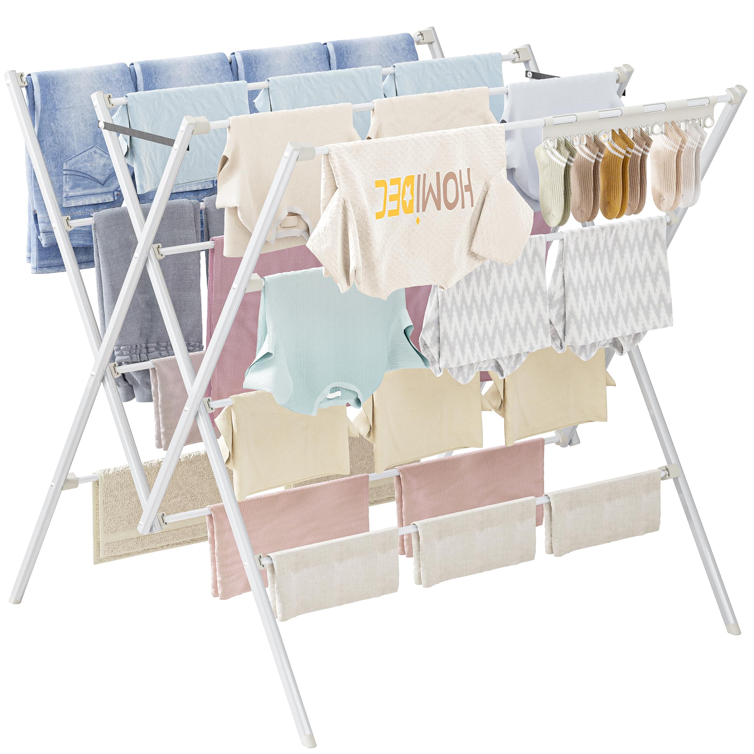 Étendoir à Linge Intérieur et Extérieur, 12 Barres, avec Pinces Chaussettes | Séchoir à Linge Pliable, Tancarville, Acier Inoxydable - Pour Vêtements, Serviettes et Linge Délicat, Blanc