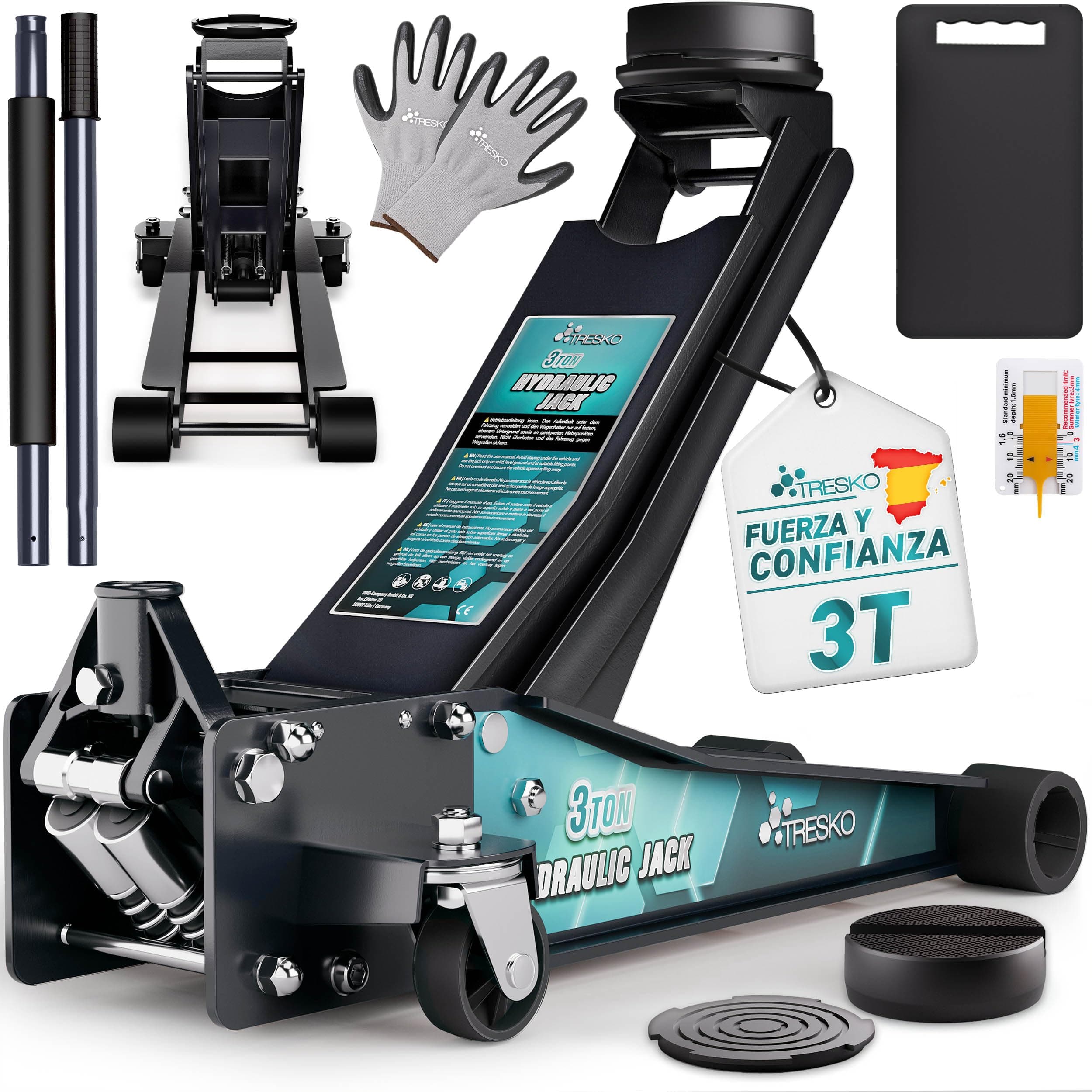 TRESKO® gato hidráulico 3T altura de elevación 75-510mm | gato hidráulico para vehículos con doble pistón y ruedas de 360° | gato de coche incl. 2X almohadilla de goma, alfombrilla de protección