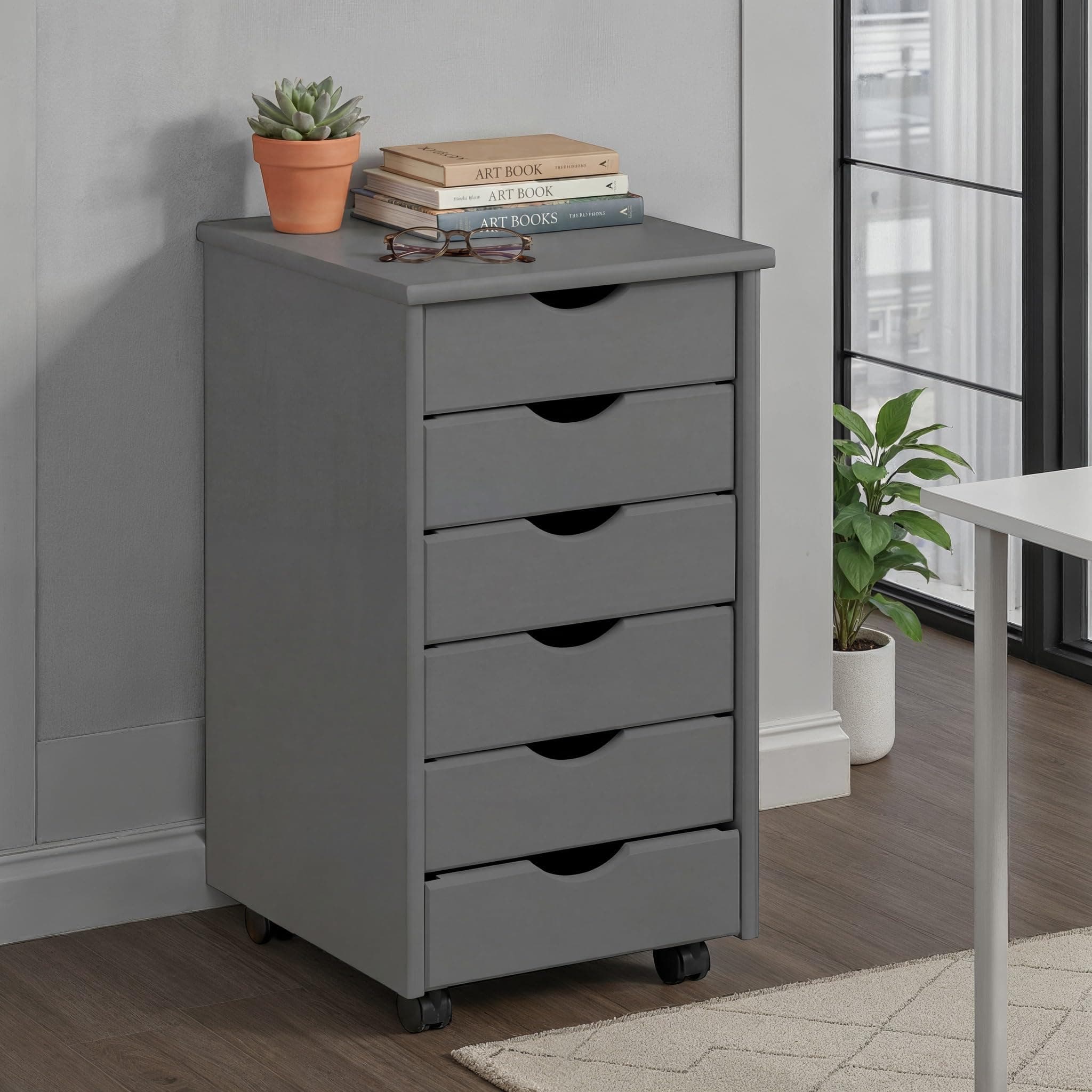 Inter Link Caisson à roulettes à 6 tiroirs – Caisson de bureau à roulettes – Bois de pin massif laqué gris – Caisson à roulettes pour bureau et bureau à domicile – 35 x 40 x 65 cm – Modèle Simon