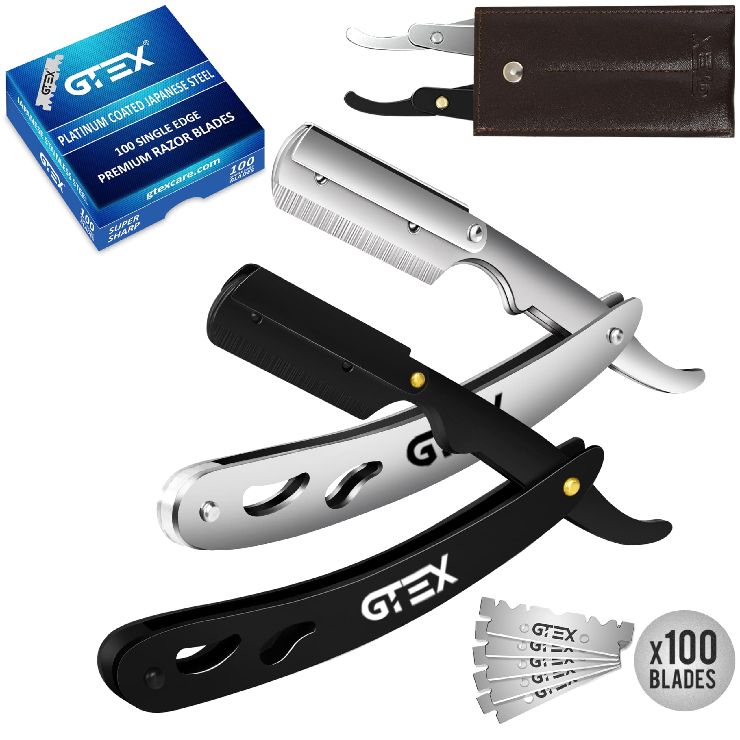GTEX Coupe Choux Barbe - 2 Rasoir Barbe Homme Et 100 Lames GTEX Premium Et Une Pochette En Cuir - Kit De Rasoir Homme Manuel - 2 Rasoir Barbier Straight Razor & 100 Blades