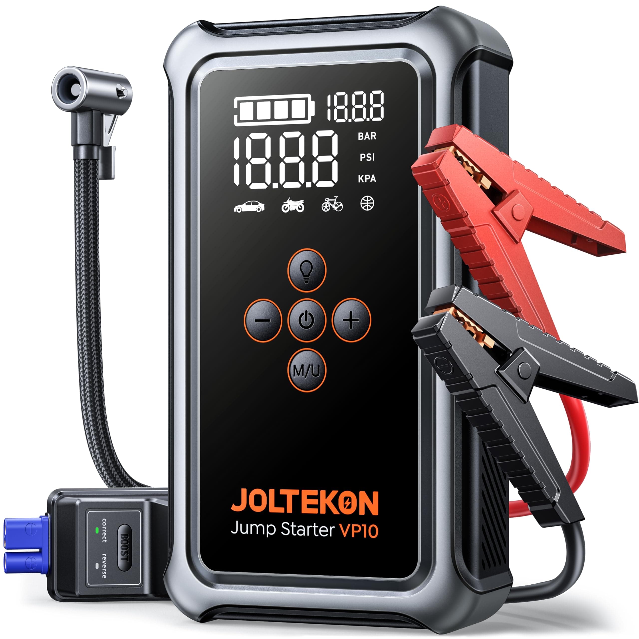 Joltekon Arrancador de Baterías de Coche 5000A con Compresor de Aire 150PSI, Arrancador de Coches 12V con Función BOOST de Arranque Forzado, Linterna 3 en 1, Pantalla Grande(para All Gas o 10L Diesel)
