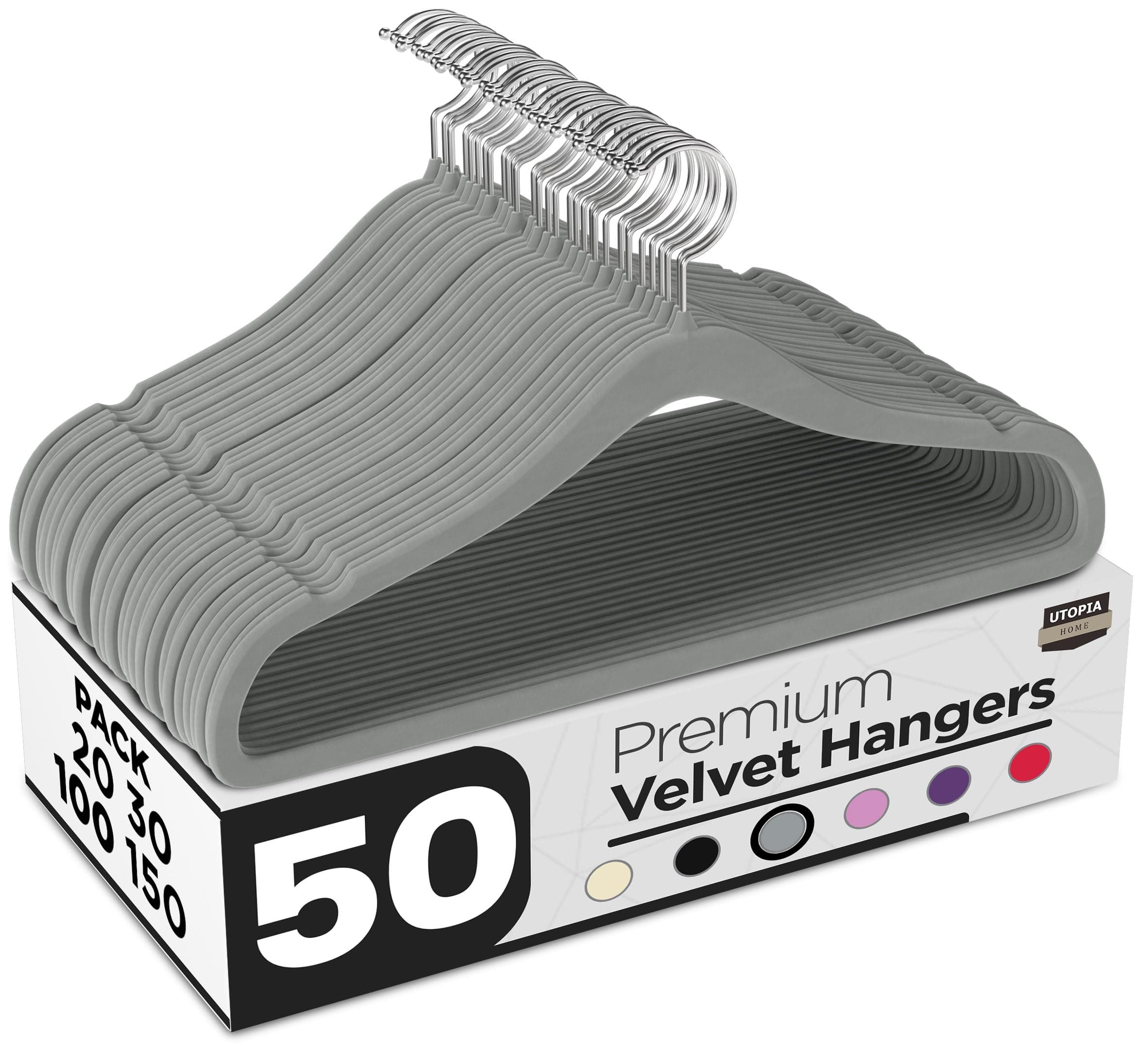 Utopia Home Premium Perchas de Terciopelo Antideslizantes, Duraderas Perchas Negras con Gancho Giratorio de 360 Grados Percha de Gran Resistencia (Gris, Paquete de 50)