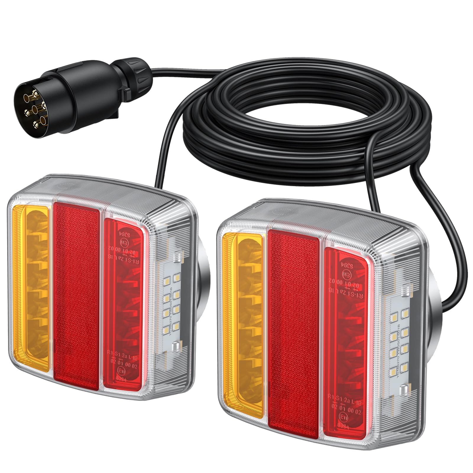 PROZOR Luz Trasera para Remolque Magnético 18 LED 12V Lámpara Trasera Ámbar con Cableado 7.5m Enchufe de 7 Pines Piloto Trasero Homologado E11 Impermeable IP65 para Remolque Camión Caravana 2 Piezas