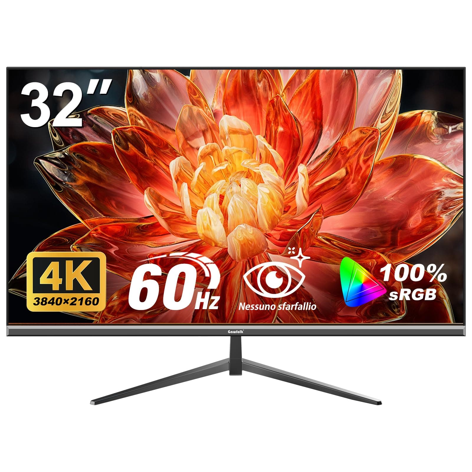 Gawfolk Monitor per computer 32 pollici 4K UHD, schermo ultra chiaro (3840×2160p), 100% sRGB, angolo di visione di 178 °, HDMI, porta display, compatibile con montaggio a parete 100 * 100 mm - nero